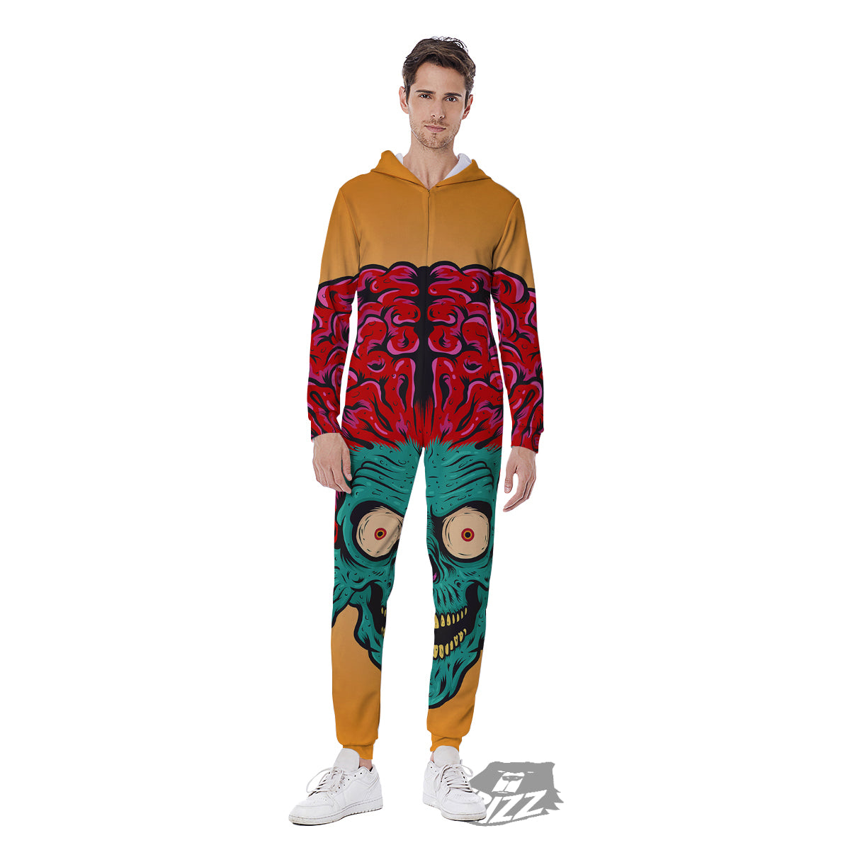 Zombie Big Brain Print Men's Jumpsuit-grizzshop