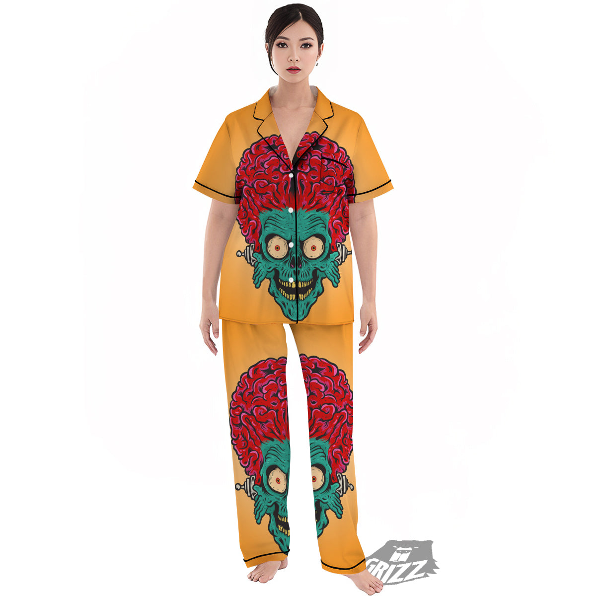 Zombie Big Brain Print Women's Pajamas Set-grizzshop