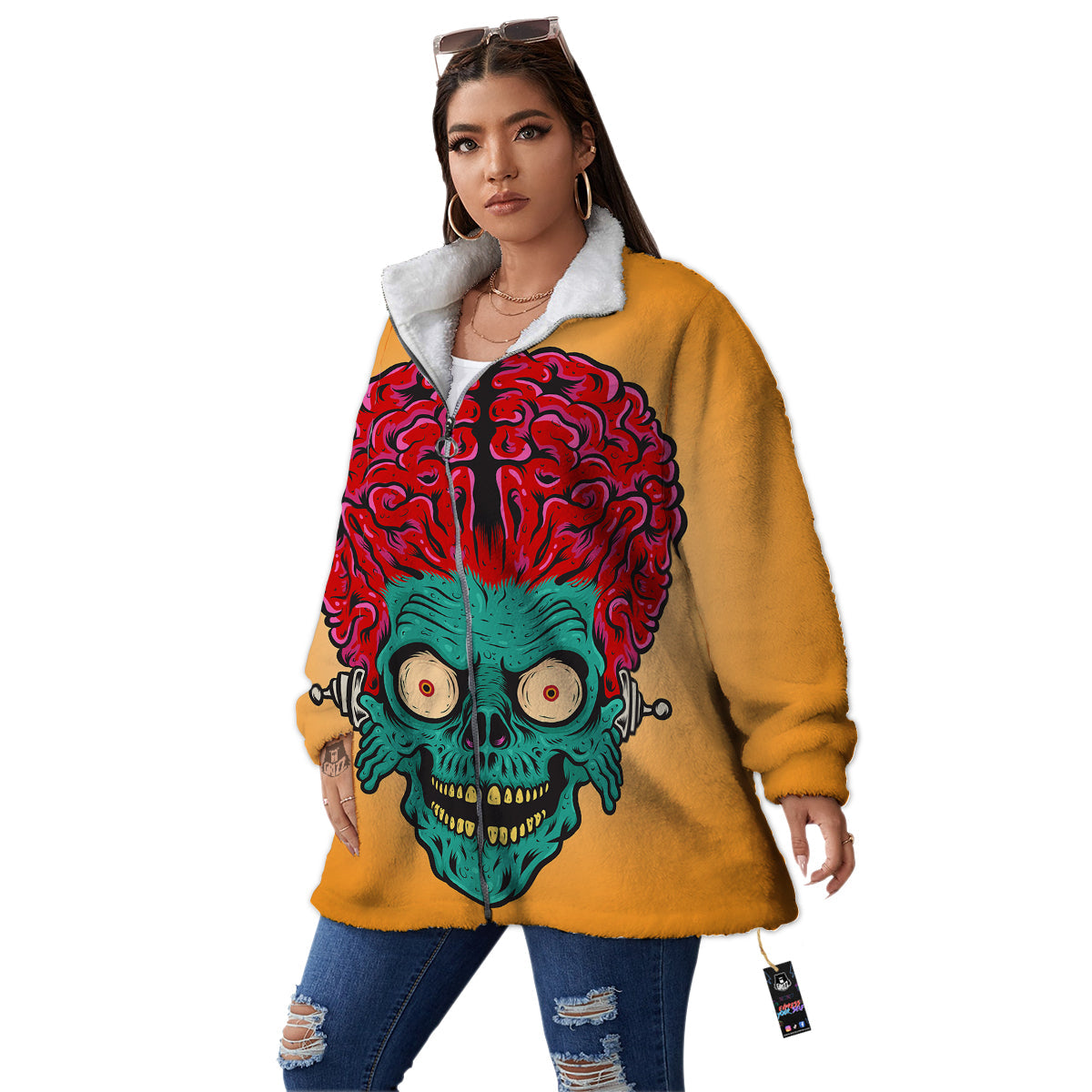 Zombie Big Brain Print Women's Sherpa Jacket-grizzshop
