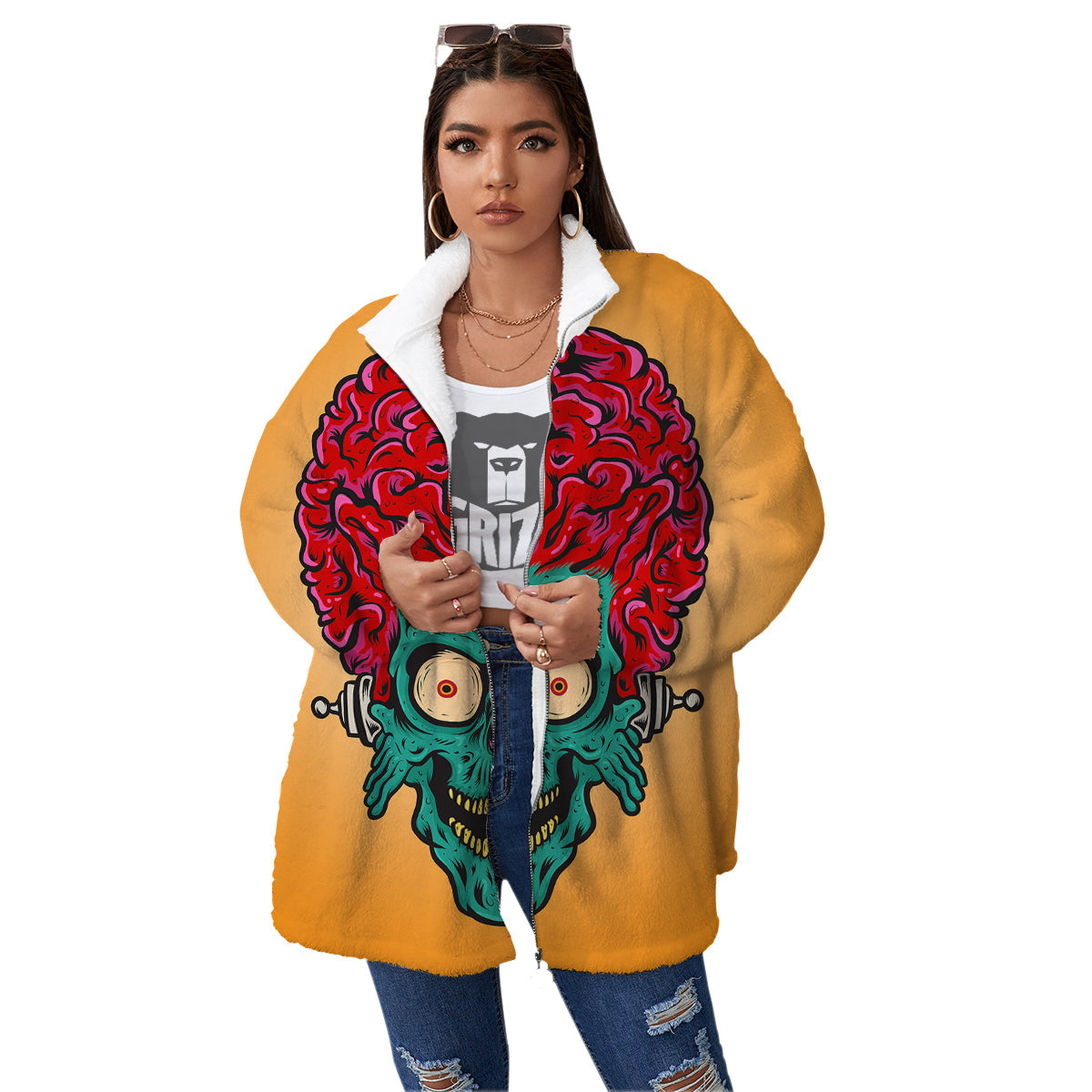 Zombie Big Brain Print Women's Sherpa Jacket-grizzshop