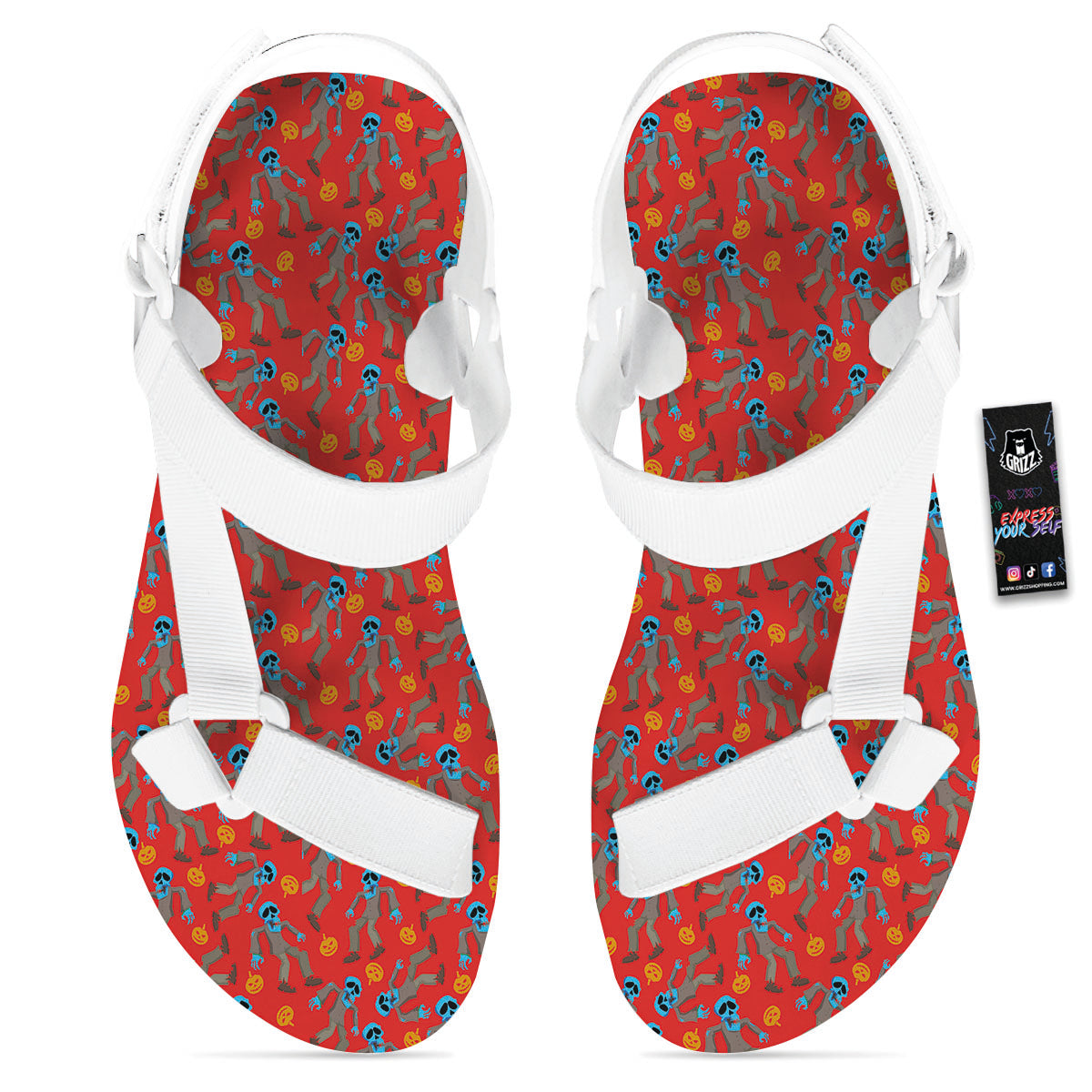 Zombie Blue Print Pattern White Open Toe Sandals-grizzshop