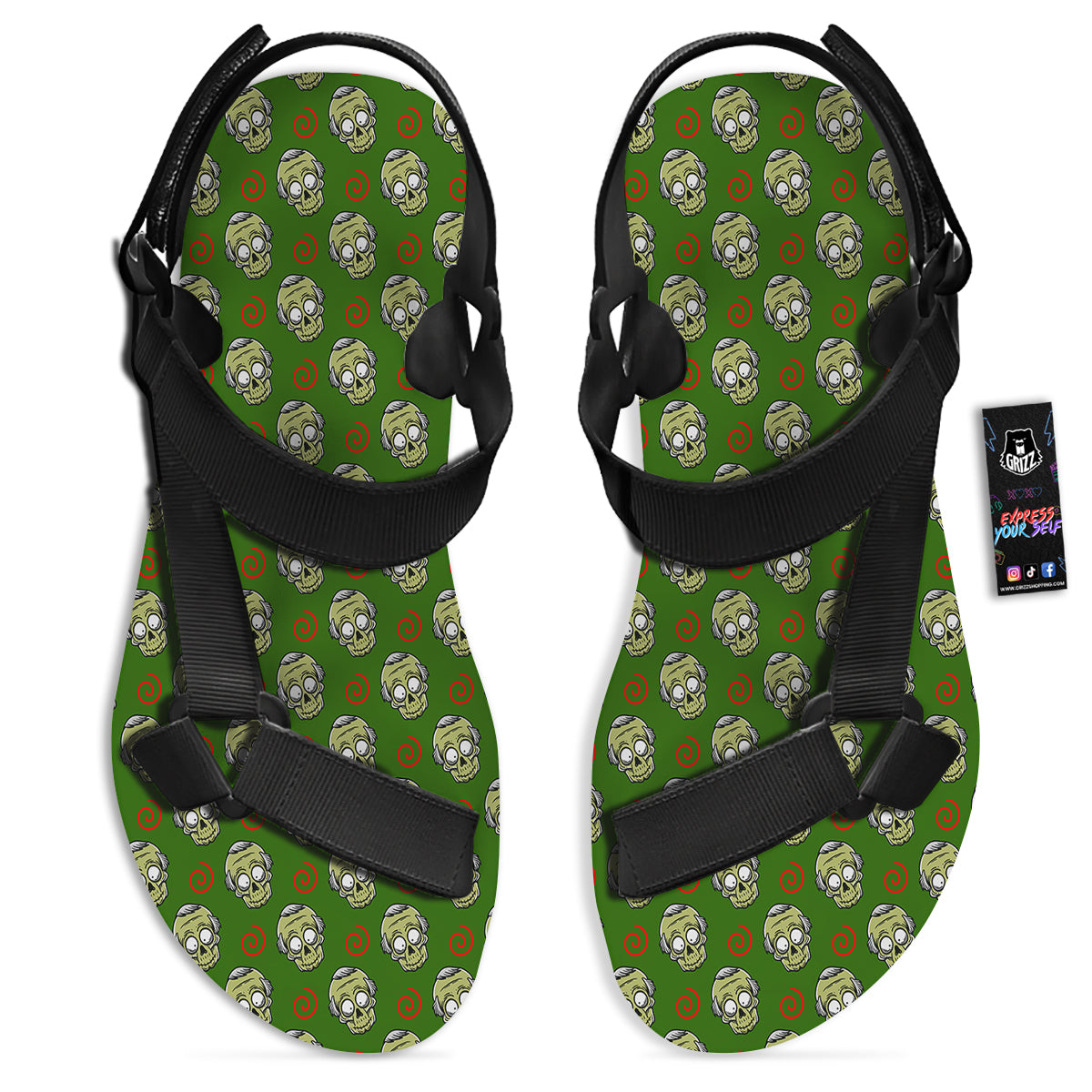 Zombie Cartoon Print Pattern Black Open Toe Sandals-grizzshop