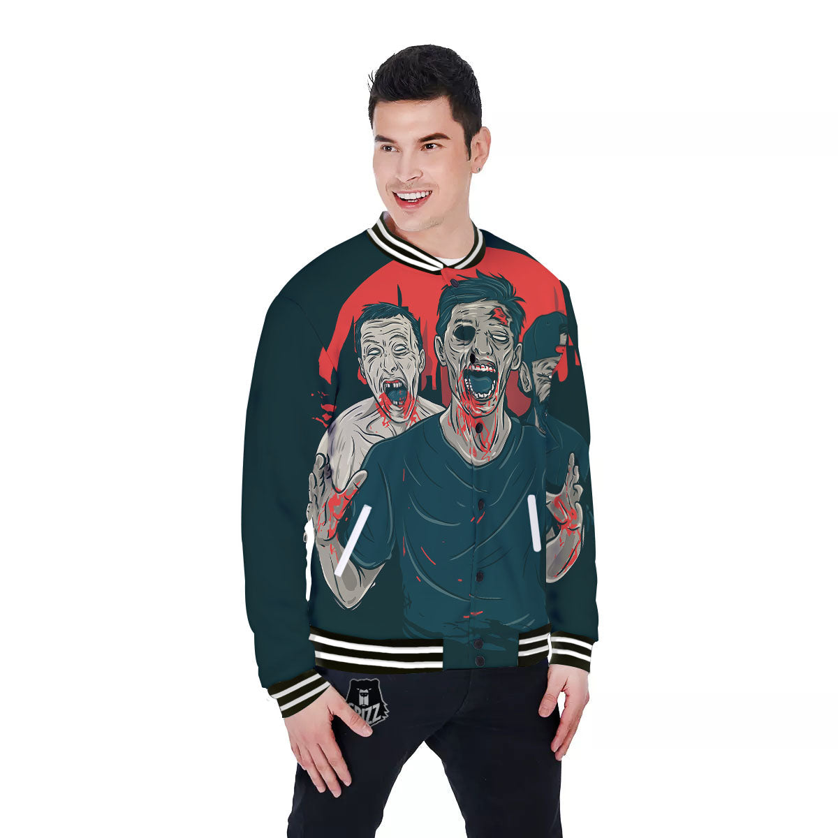 Zombie Crowd Halloween Print Baseball Jacket-grizzshop