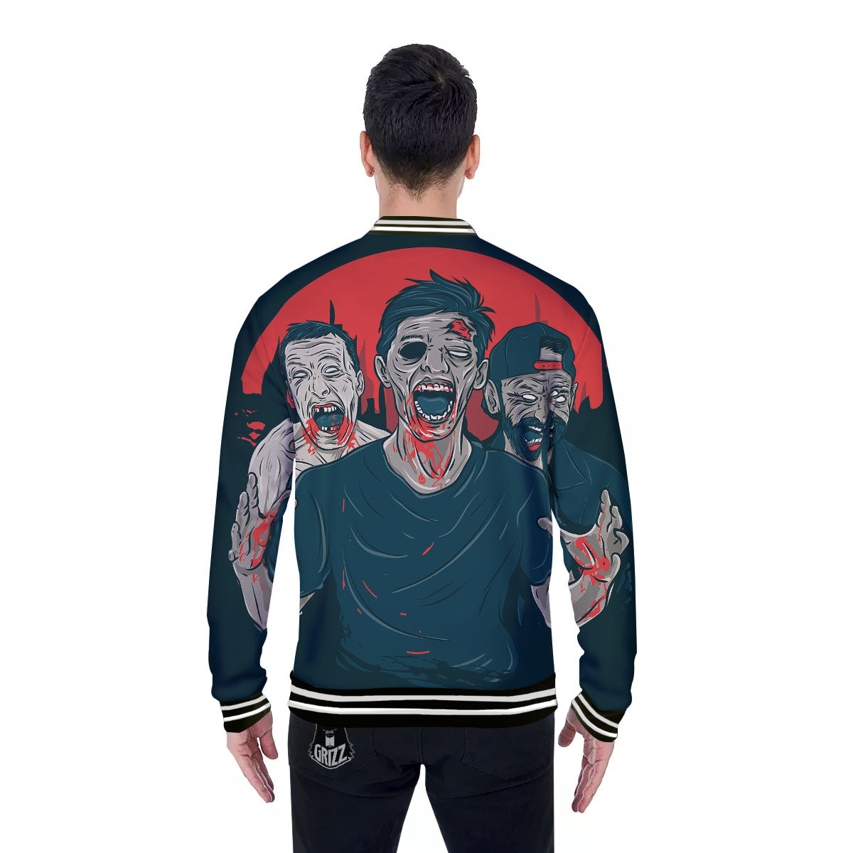 Zombie Crowd Halloween Print Baseball Jacket-grizzshop