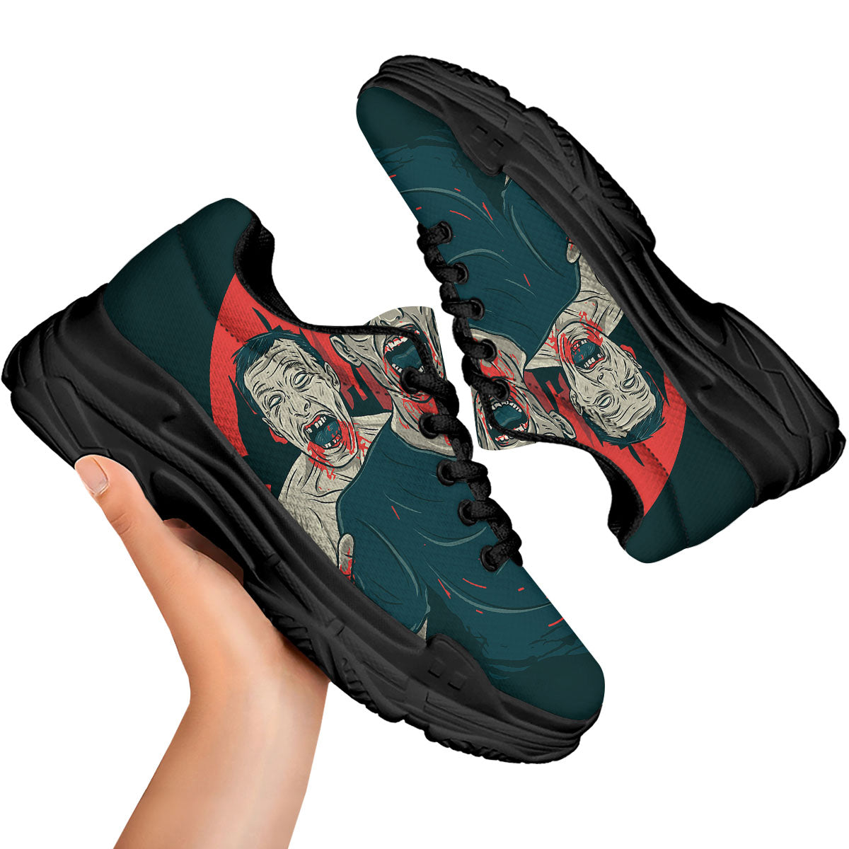 Zombie Crowd Halloween Print Black Chunky Shoes-grizzshop