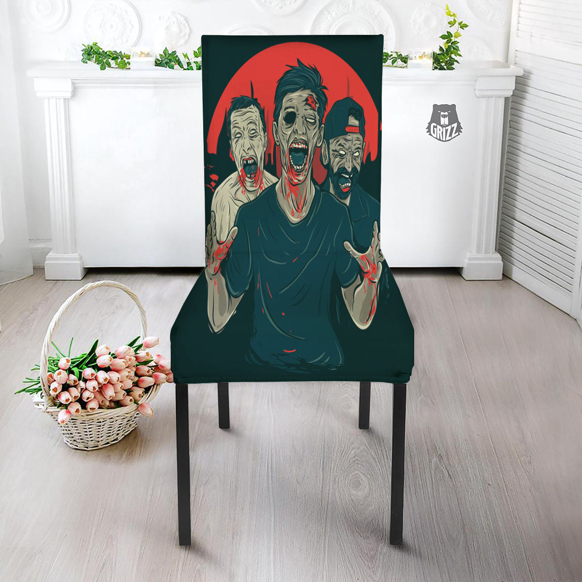 Zombie Crowd Halloween Print Dining Chair Slipcover-grizzshop