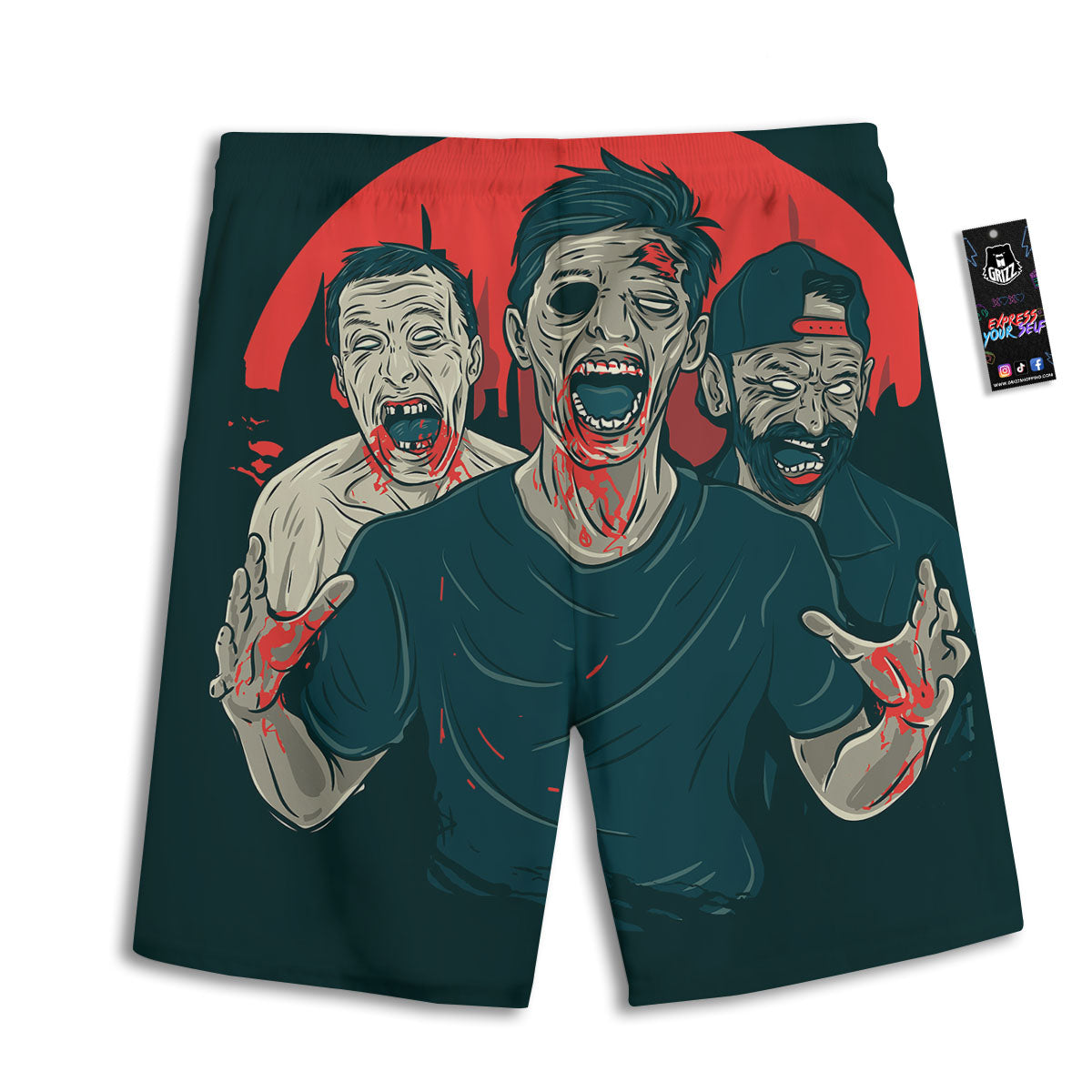 Zombie Crowd Halloween Print Men's Athletic Shorts