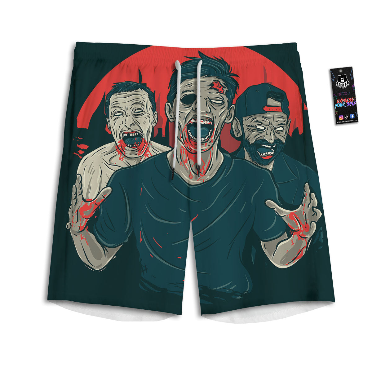 Zombie Crowd Halloween Print Men's Athletic Shorts