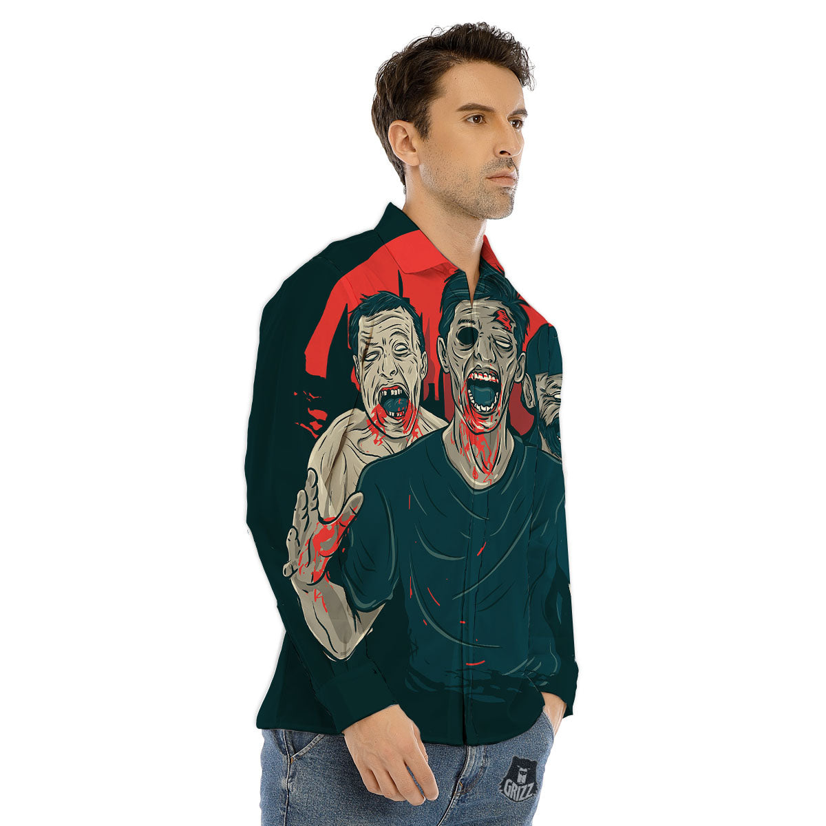 Zombie Crowd Halloween Print Men's Dress Shirts-grizzshop