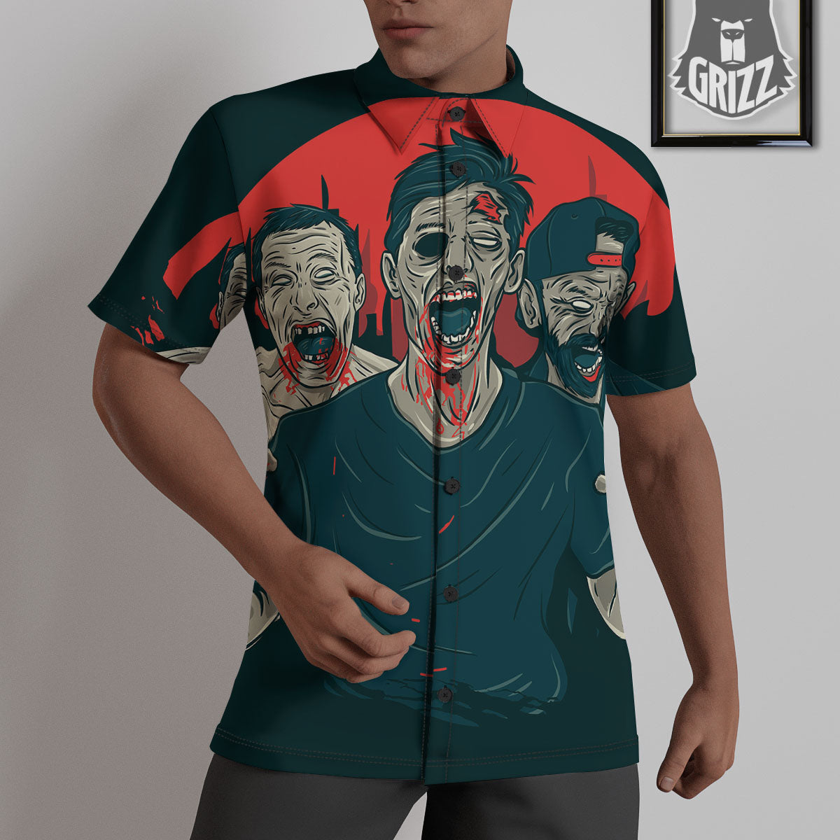 Zombie Crowd Halloween Print Untucked Shirts-grizzshop