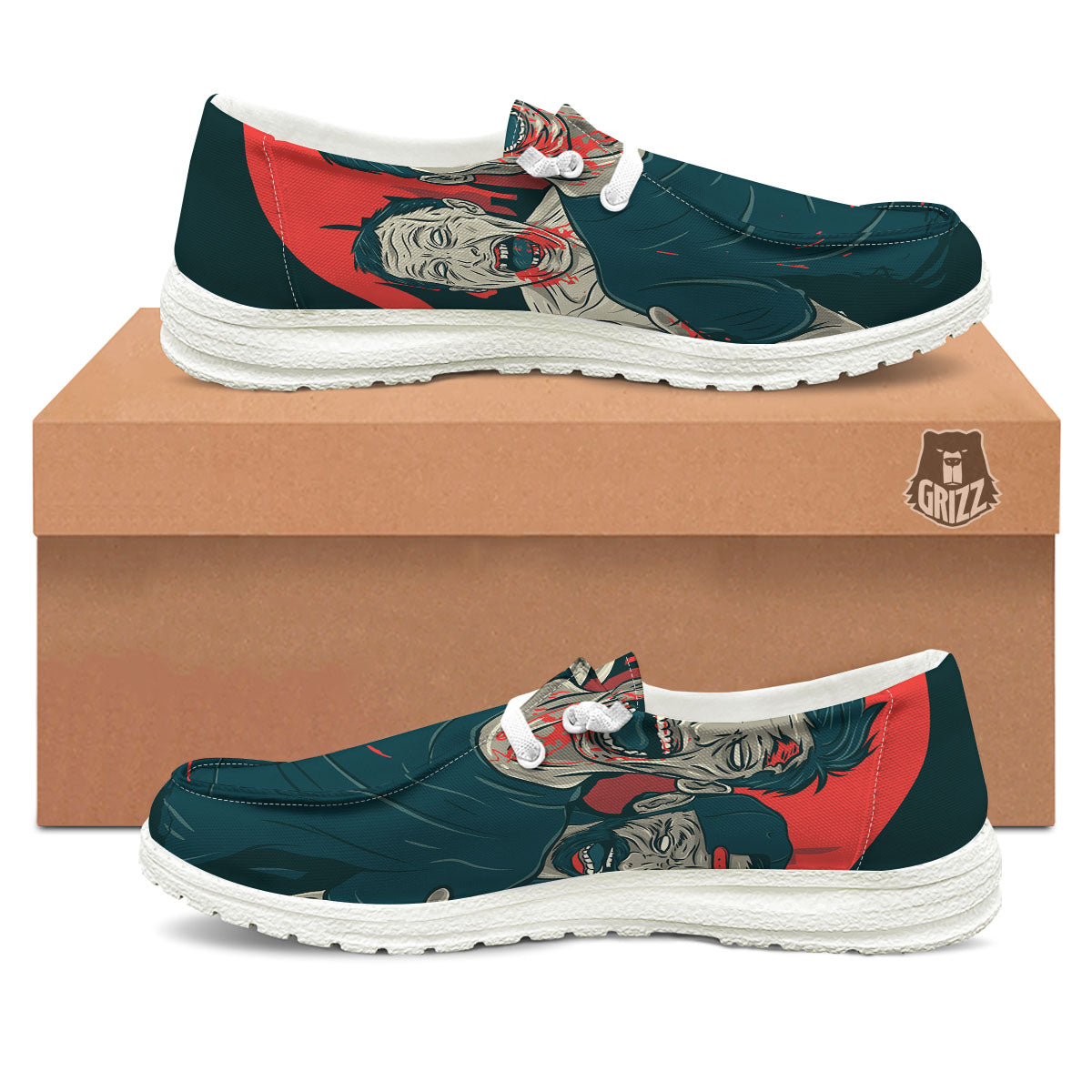 Zombie Crowd Halloween Print White Loafers-grizzshop