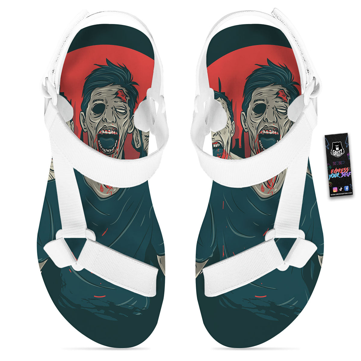 Zombie Crowd Halloween Print White Open Toe Sandals-grizzshop