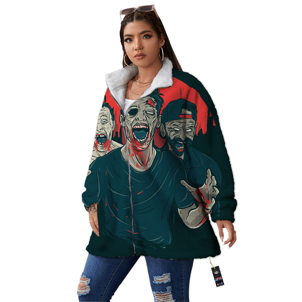 Zombie Crowd Halloween Print Women's Sherpa Jacket-grizzshop