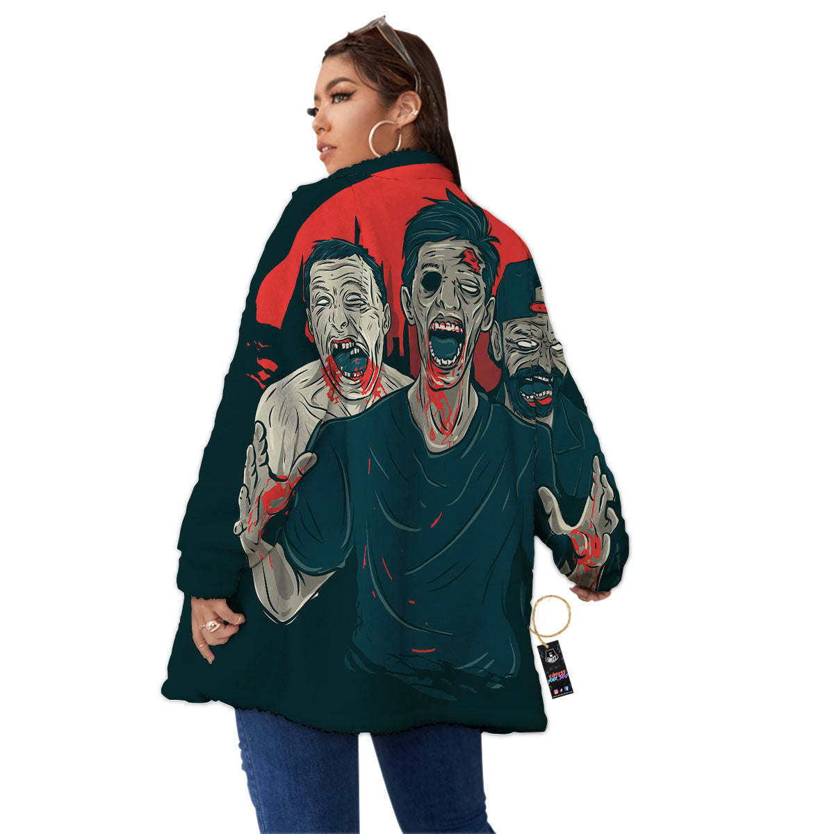 Zombie Crowd Halloween Print Women's Sherpa Jacket-grizzshop