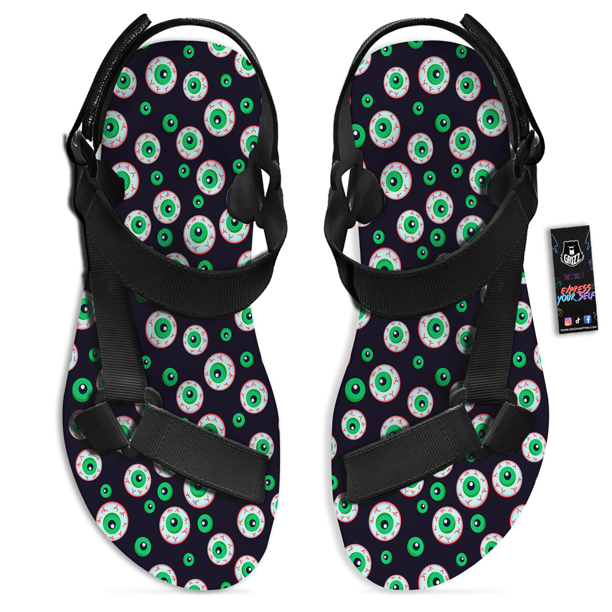 Zombie Eyeball Print Pattern Black Open Toe Sandals-grizzshop