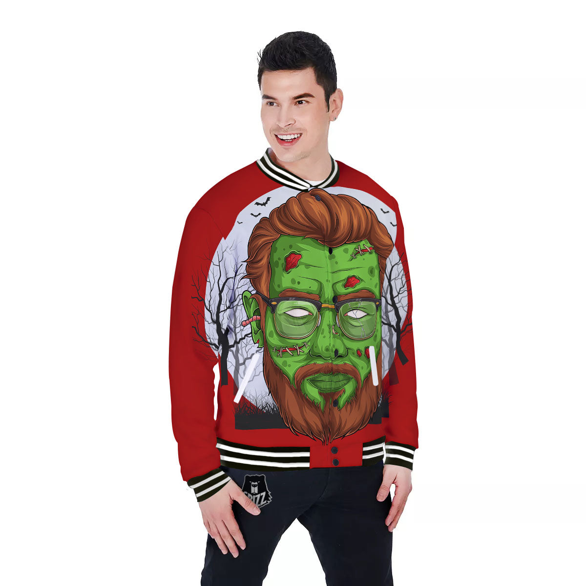 Zombie Face Halloween Character Print Baseball Jacket-grizzshop