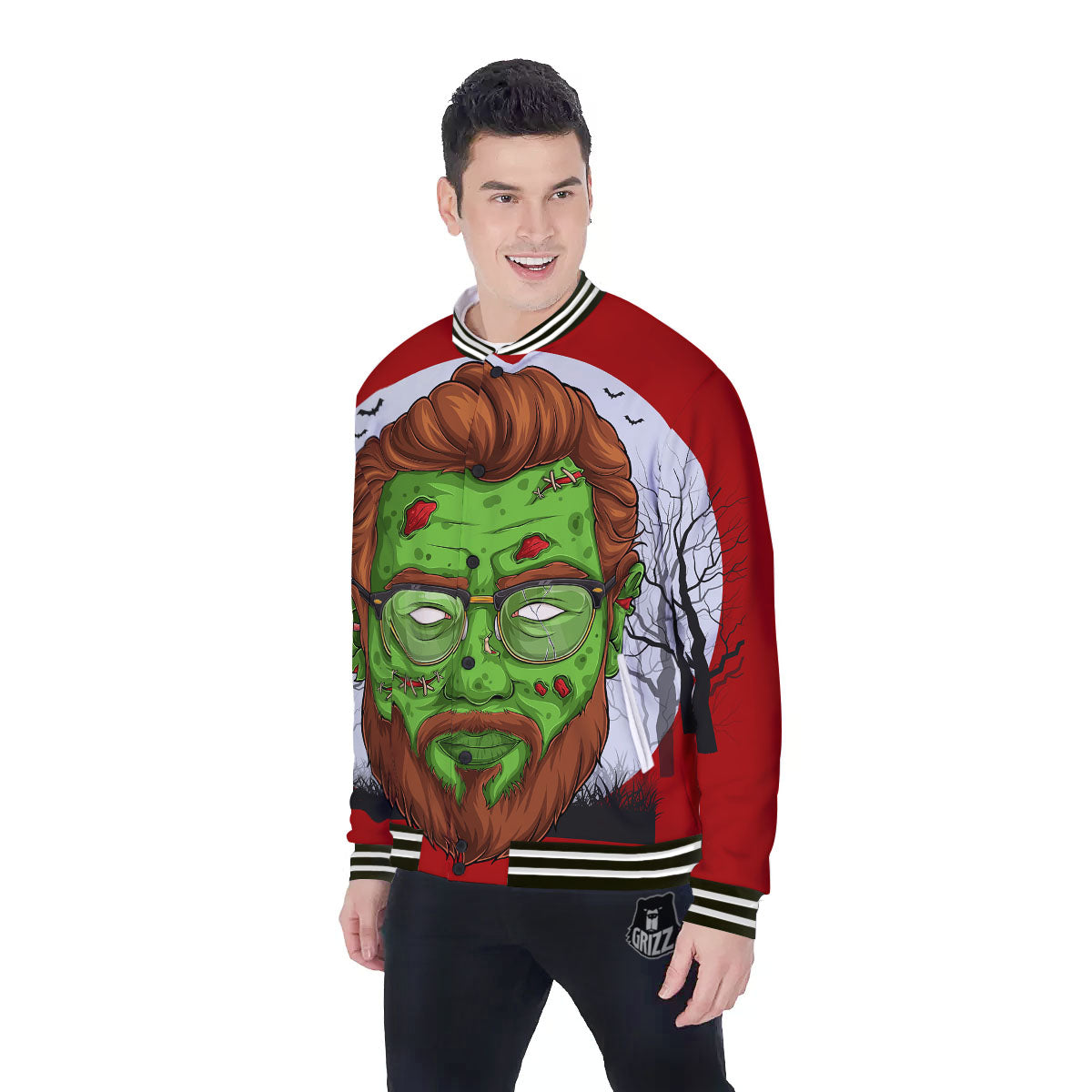 Zombie Face Halloween Character Print Baseball Jacket-grizzshop