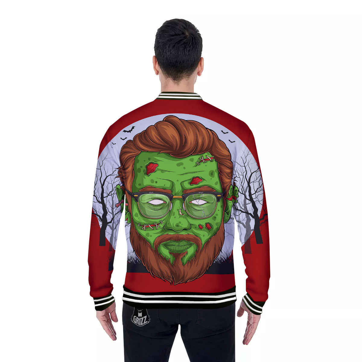 Zombie Face Halloween Character Print Baseball Jacket-grizzshop