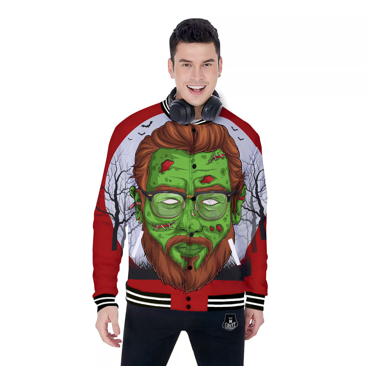 Zombie Face Halloween Character Print Baseball Jacket-grizzshop