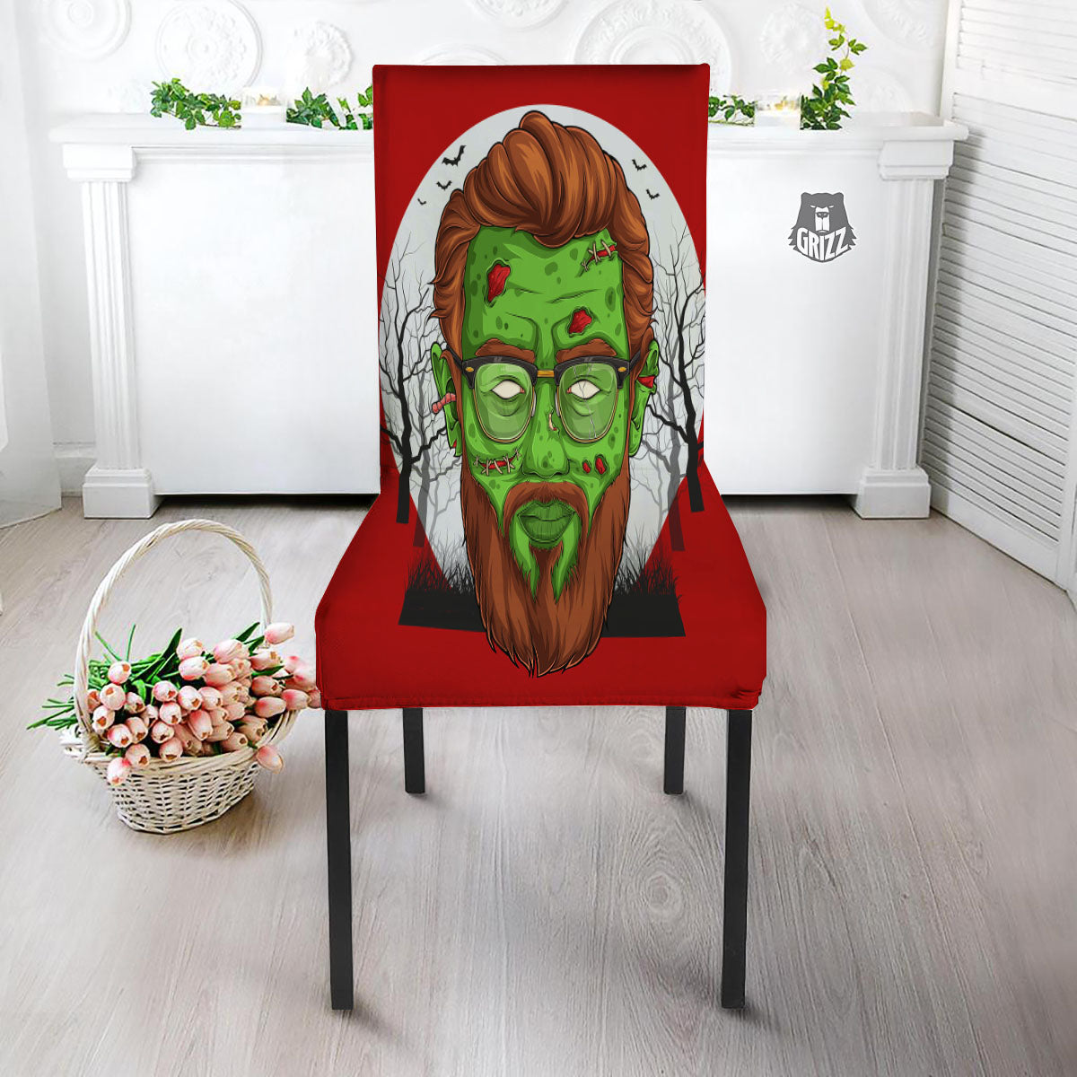Zombie Face Halloween Character Print Dining Chair Slipcover-grizzshop