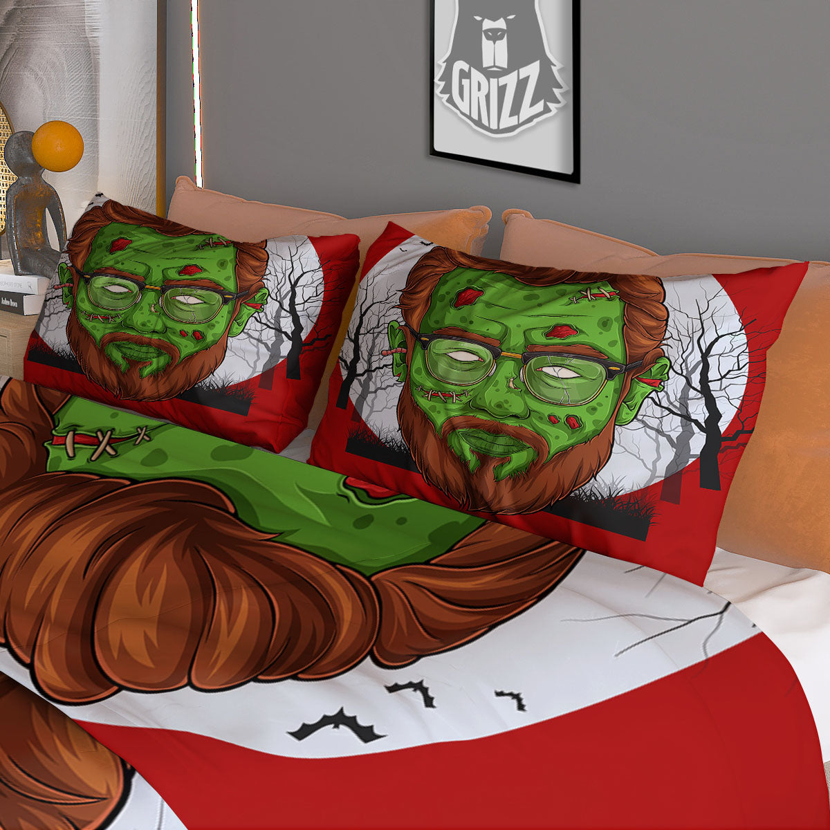 Zombie Face Halloween Character Print Duvet Cover Bedding Set