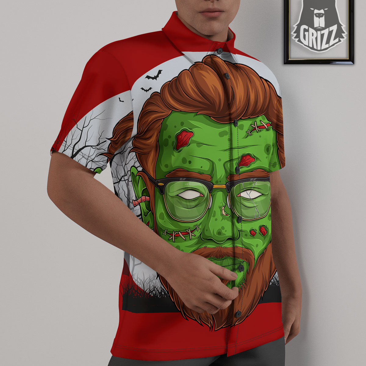 Zombie Face Halloween Character Print Untucked Shirts-grizzshop