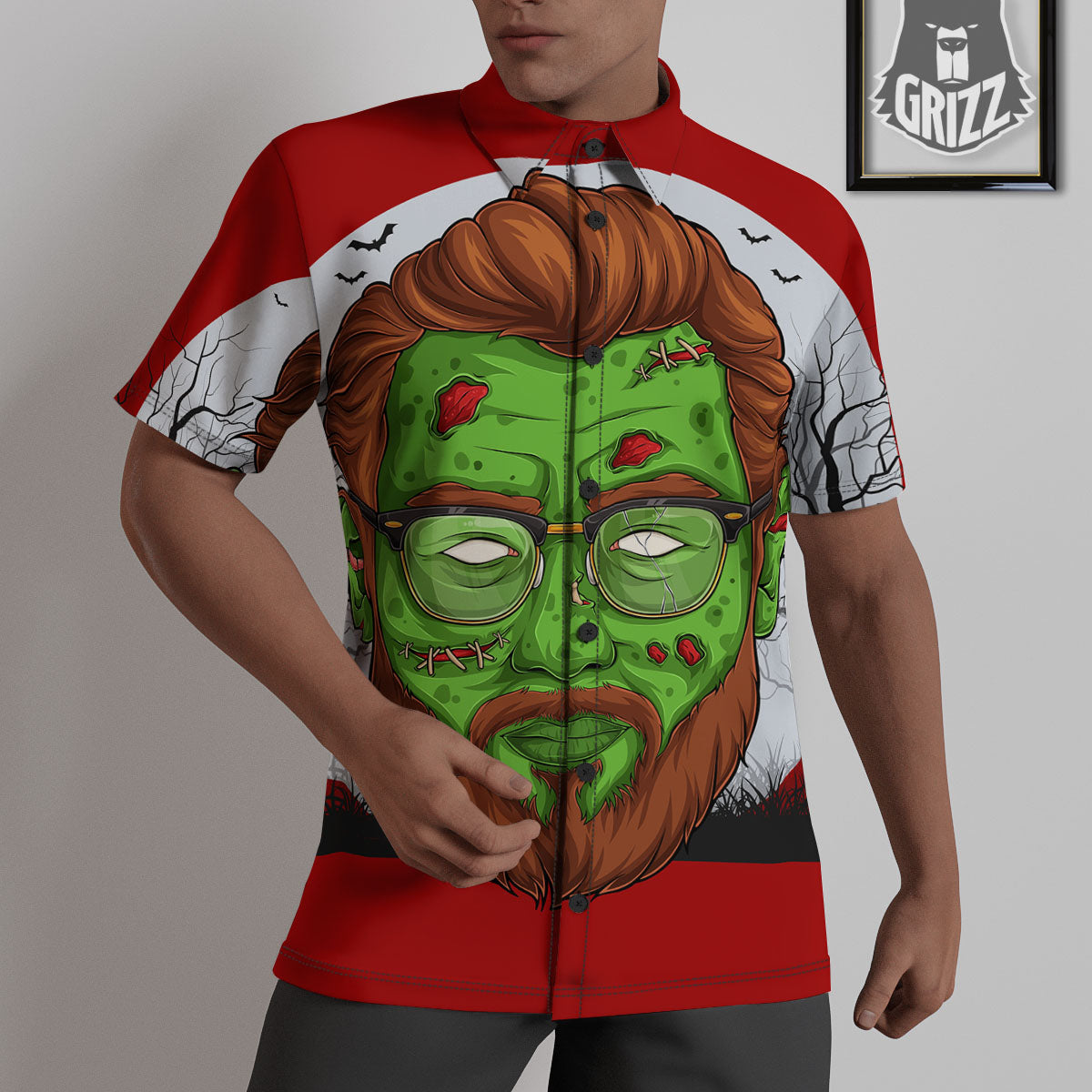 Zombie Face Halloween Character Print Untucked Shirts-grizzshop