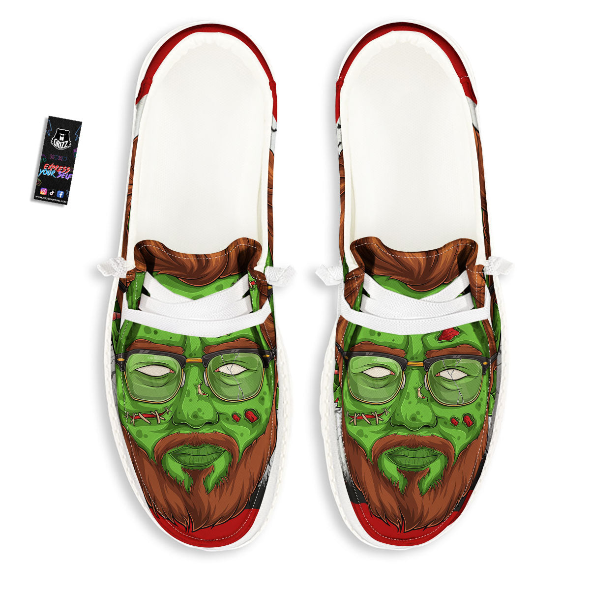 Zombie Face Halloween Character Print White Loafers-grizzshop