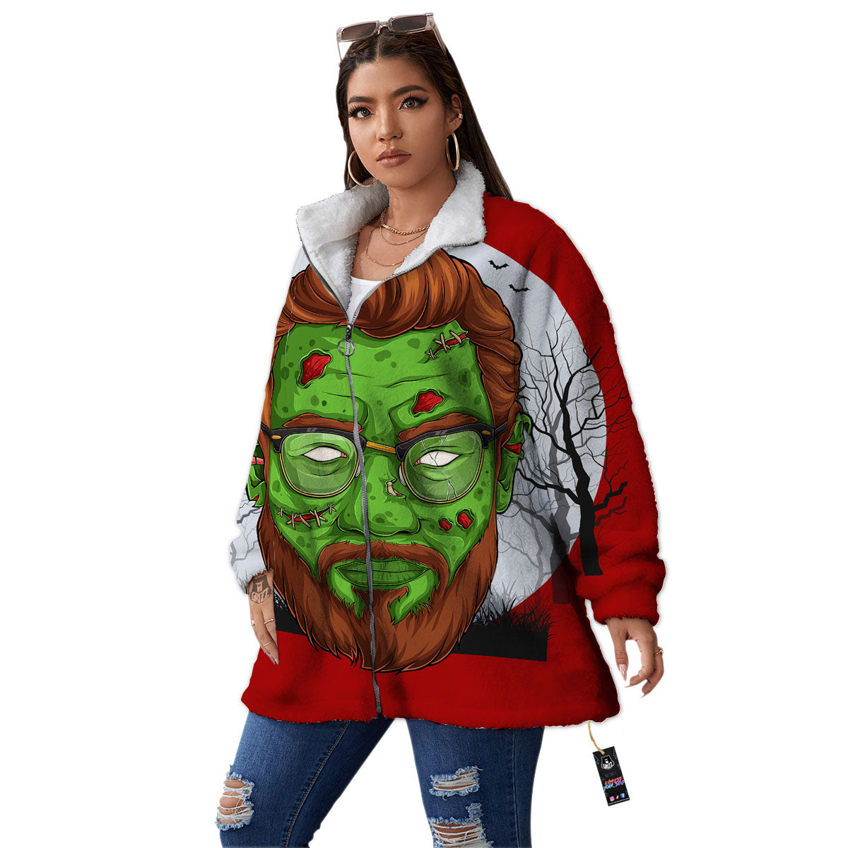Zombie Face Halloween Character Print Women's Sherpa Jacket-grizzshop