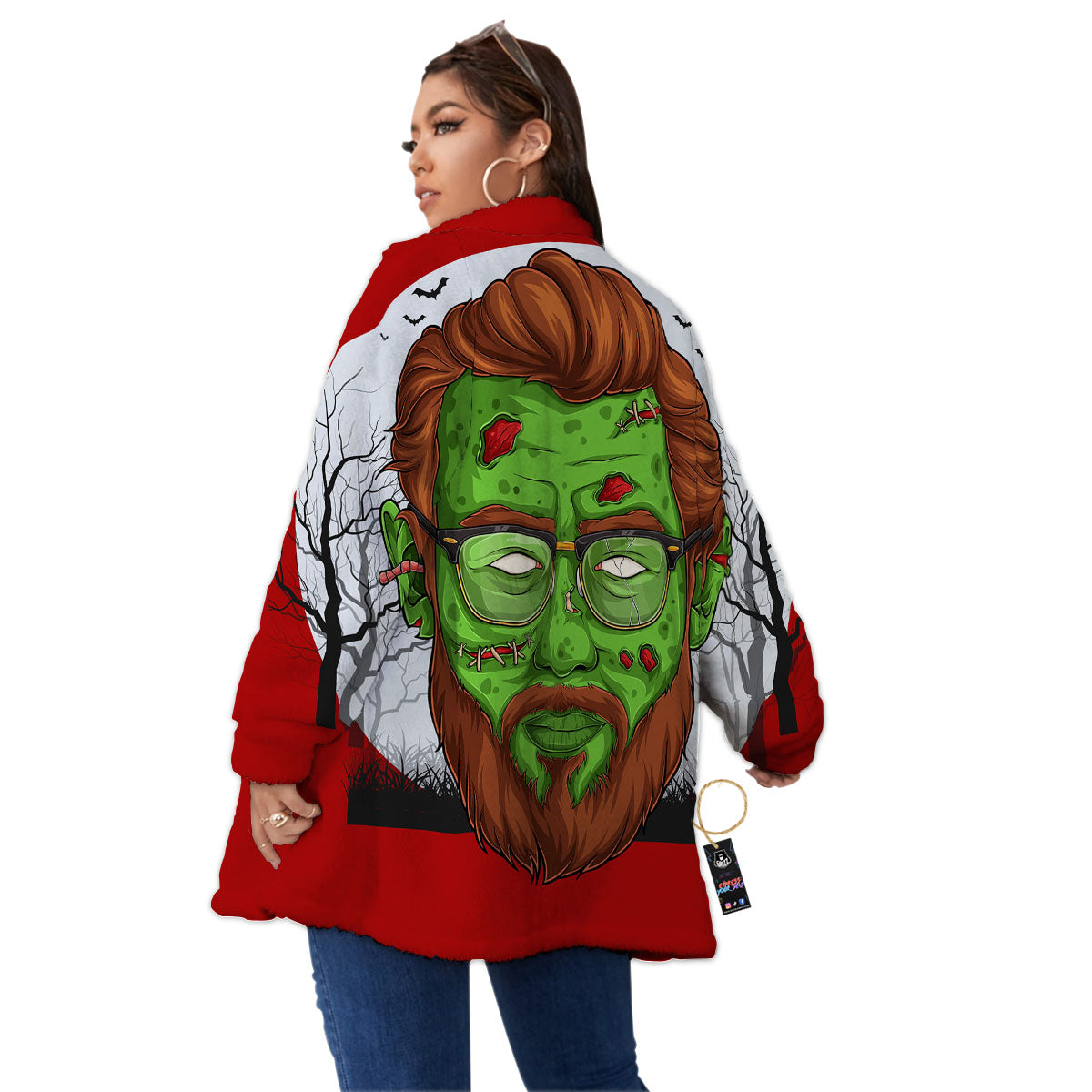 Zombie Face Halloween Character Print Women's Sherpa Jacket-grizzshop