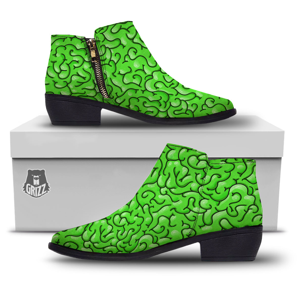 Zombie Green Brain Print Pattern Ankle Boots-grizzshop