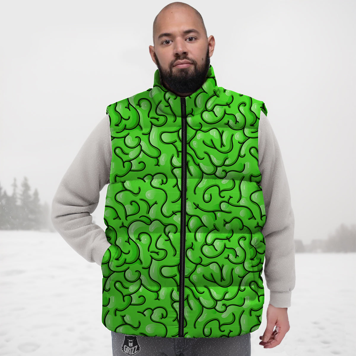Zombie Green Brain Print Pattern Down Vest-grizzshop