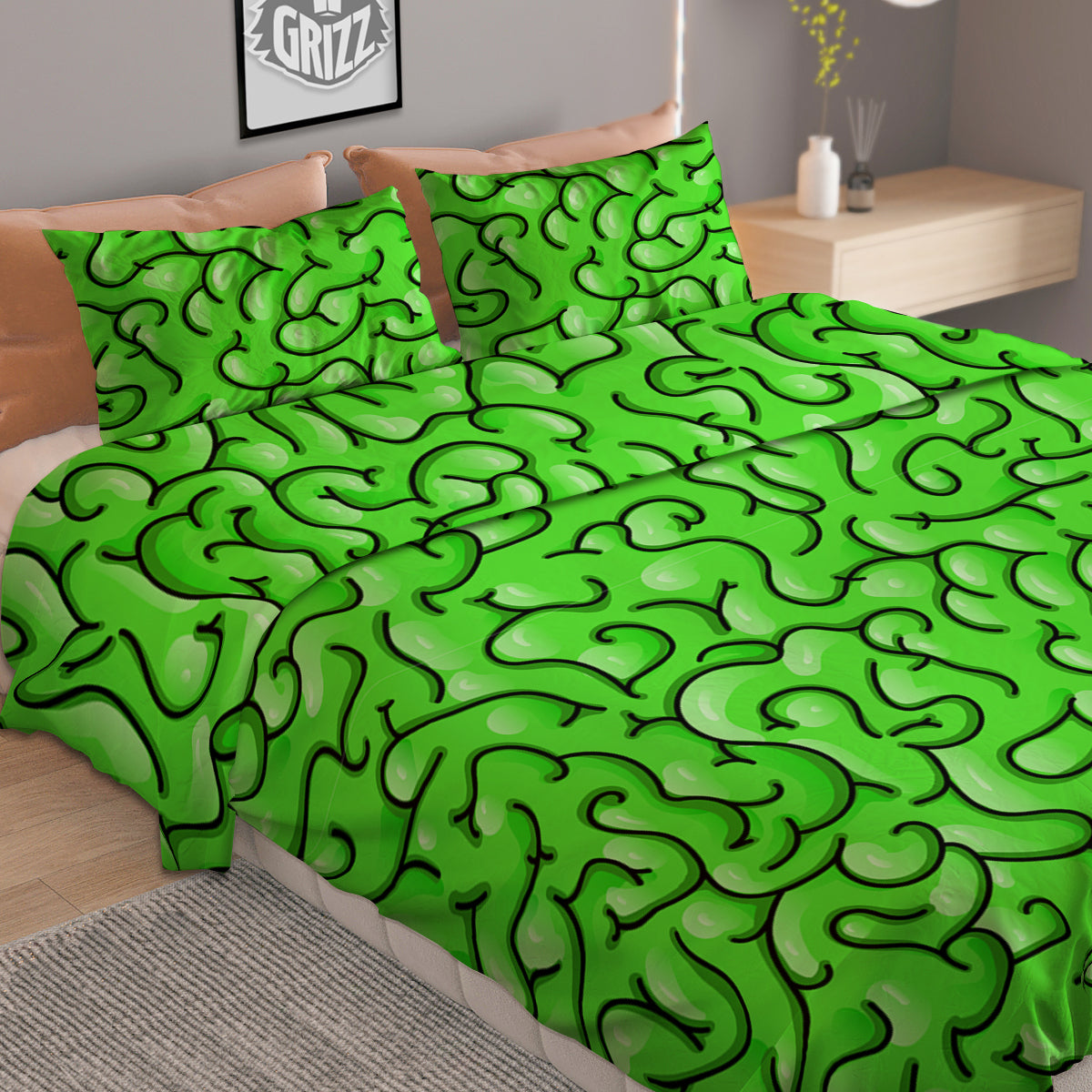 Zombie Green Brain Print Pattern Duvet Cover Bedding Set