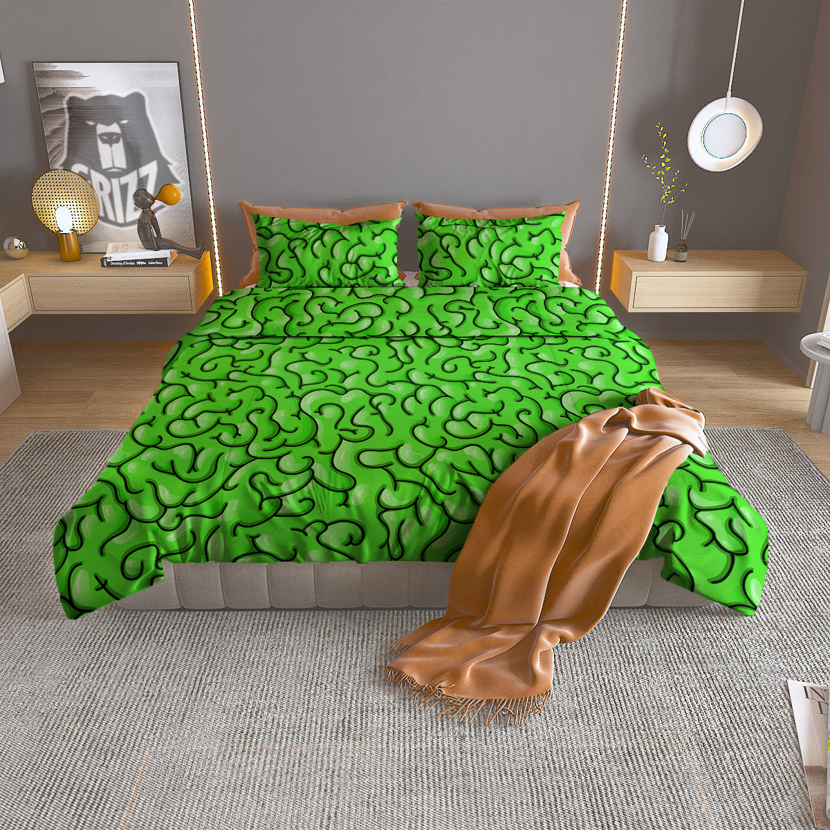 Zombie Green Brain Print Pattern Duvet Cover Bedding Set