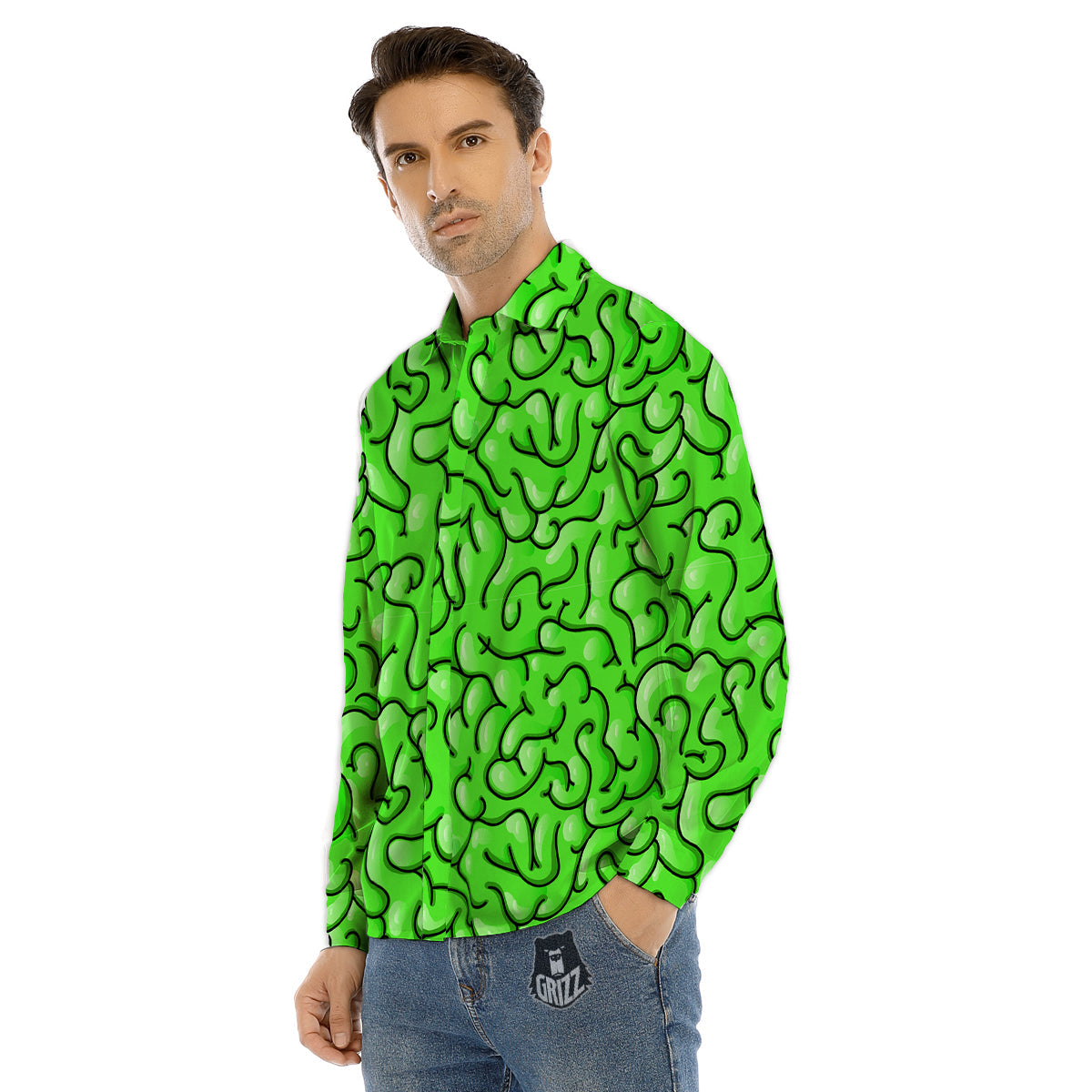 Zombie Green Brain Print Pattern Men's Dress Shirts-grizzshop