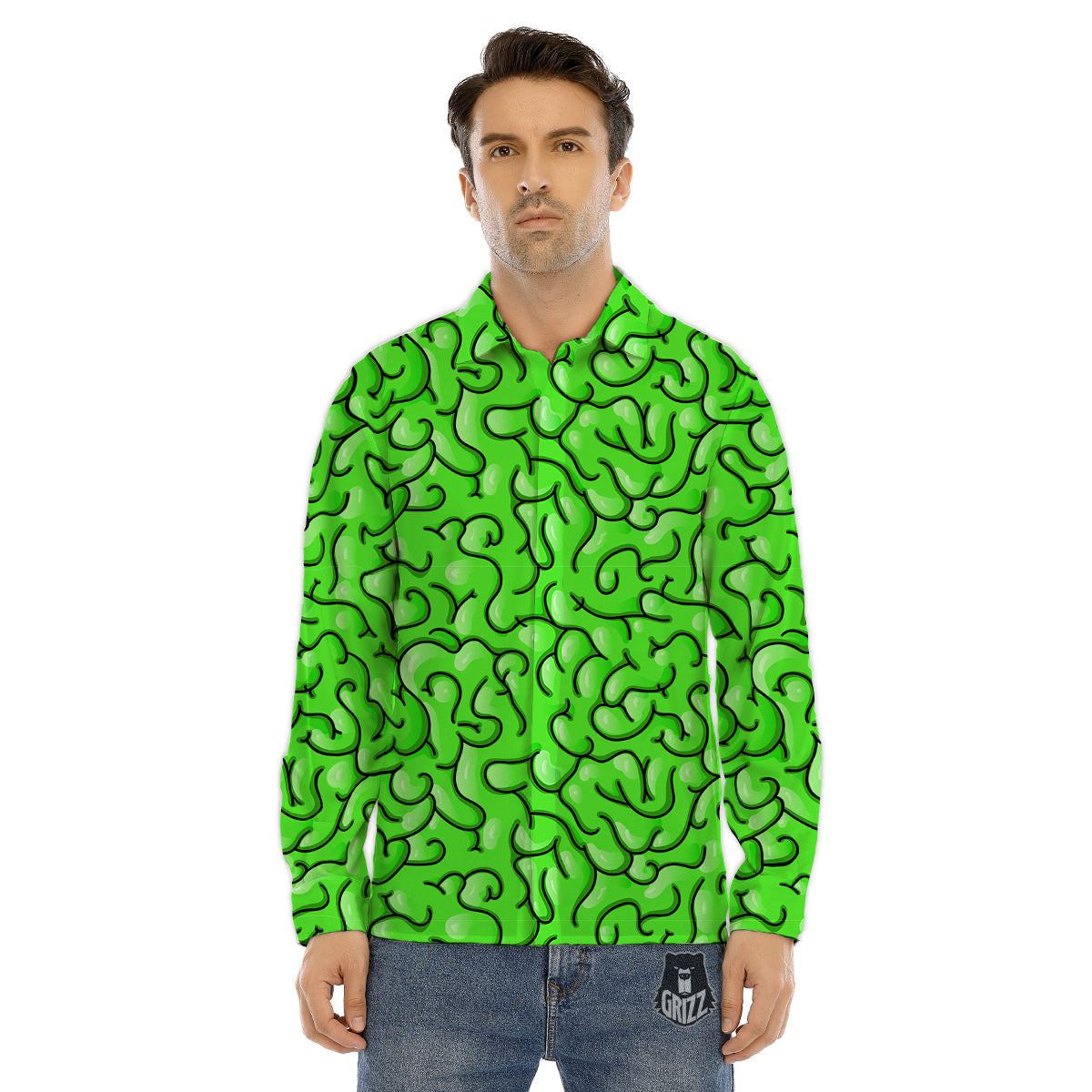 Zombie Green Brain Print Pattern Men's Dress Shirts-grizzshop