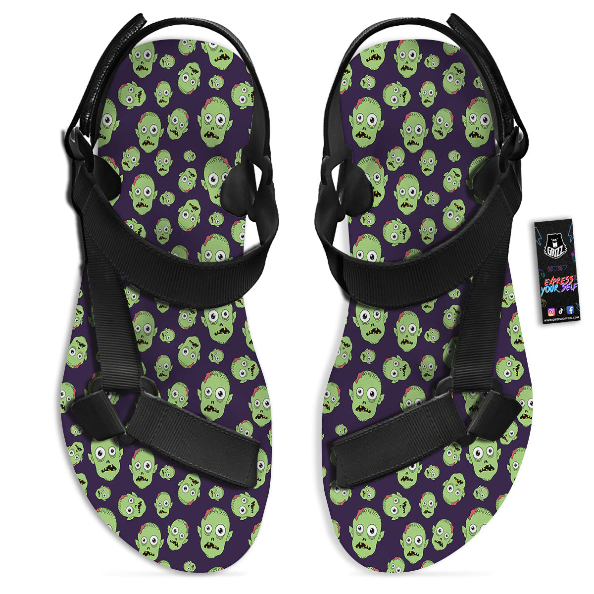 Zombie Green Print Pattern Black Open Toe Sandals-grizzshop