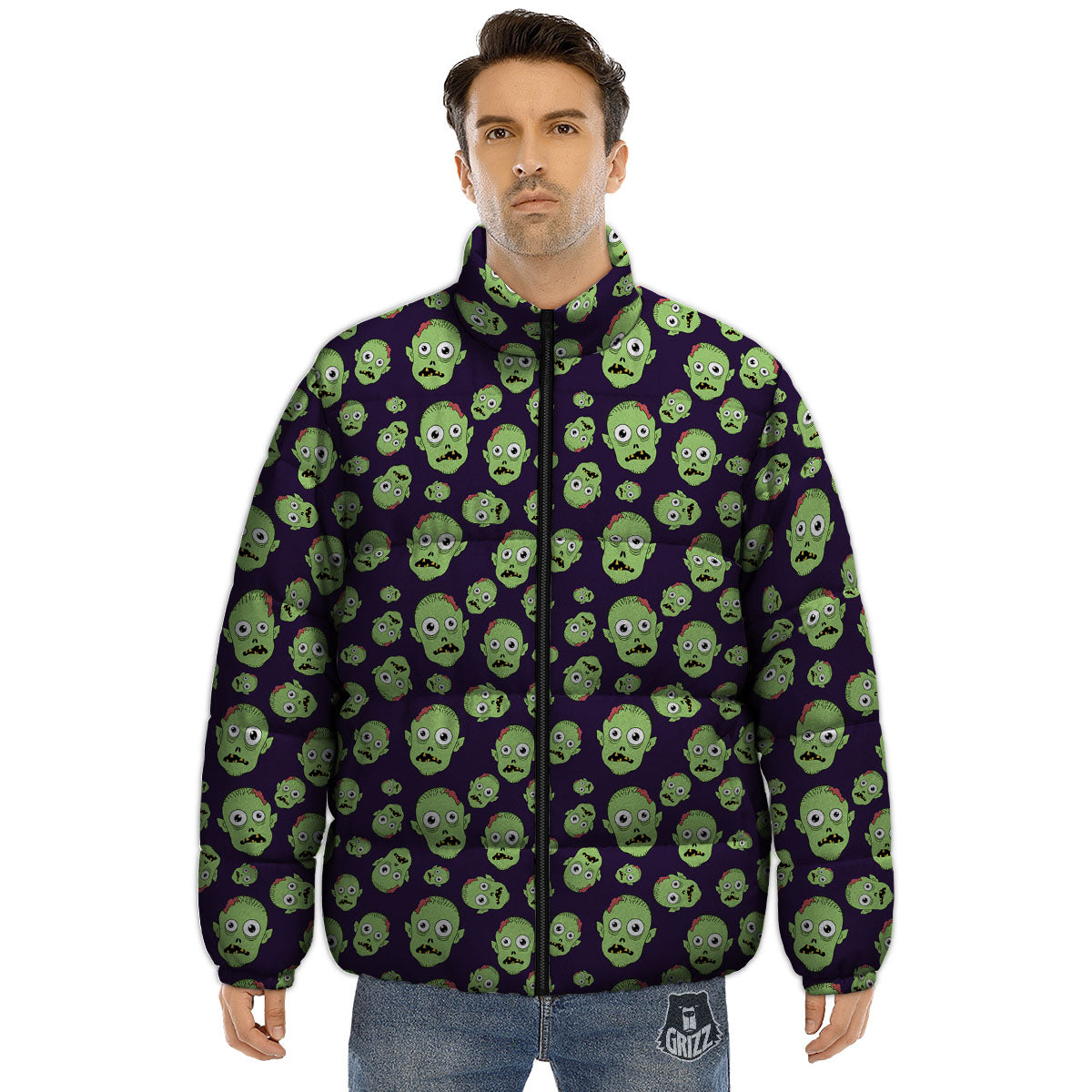 Zombie Green Print Pattern Puffer Jacket-grizzshop