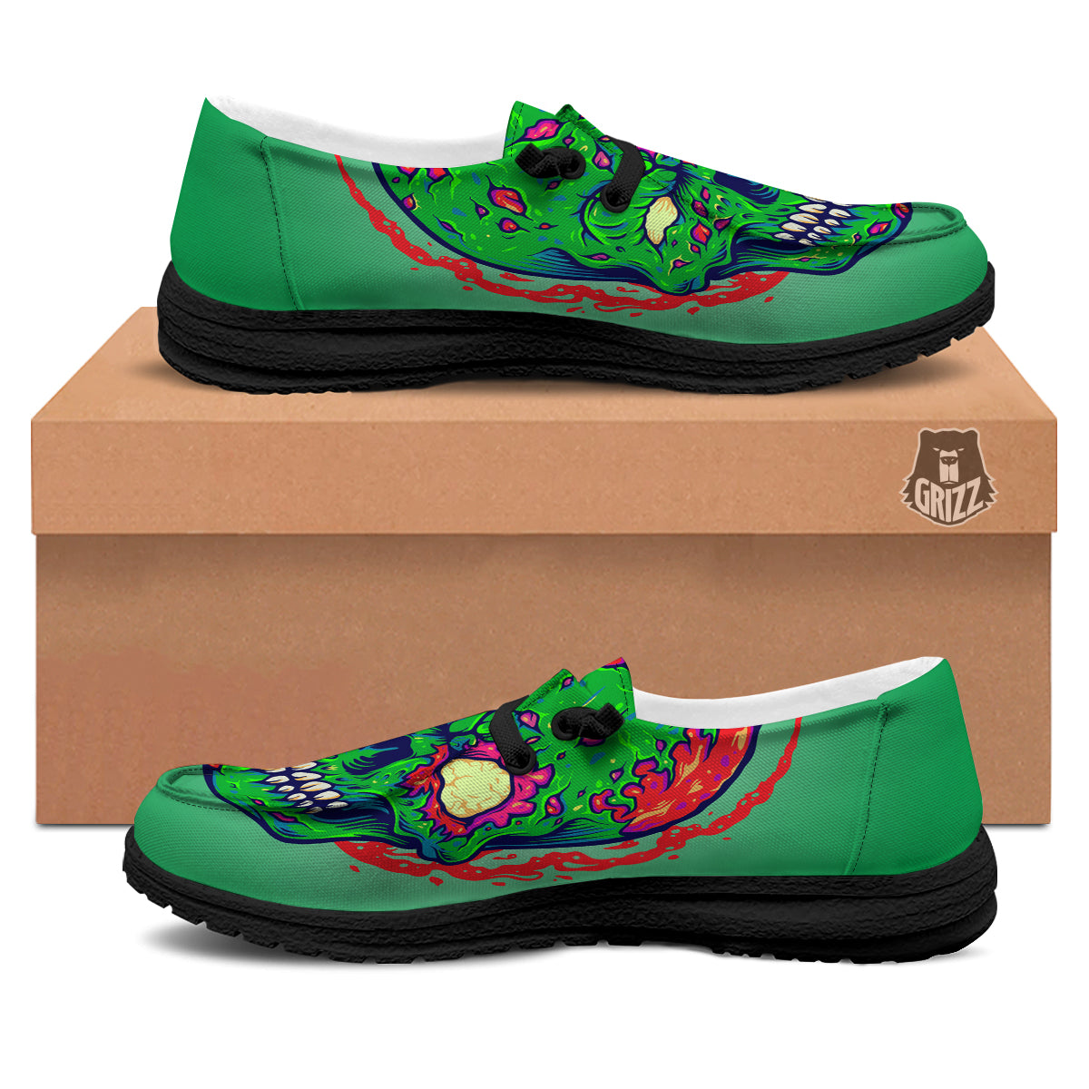 Zombie Halloween Skull Print Black Loafers-grizzshop