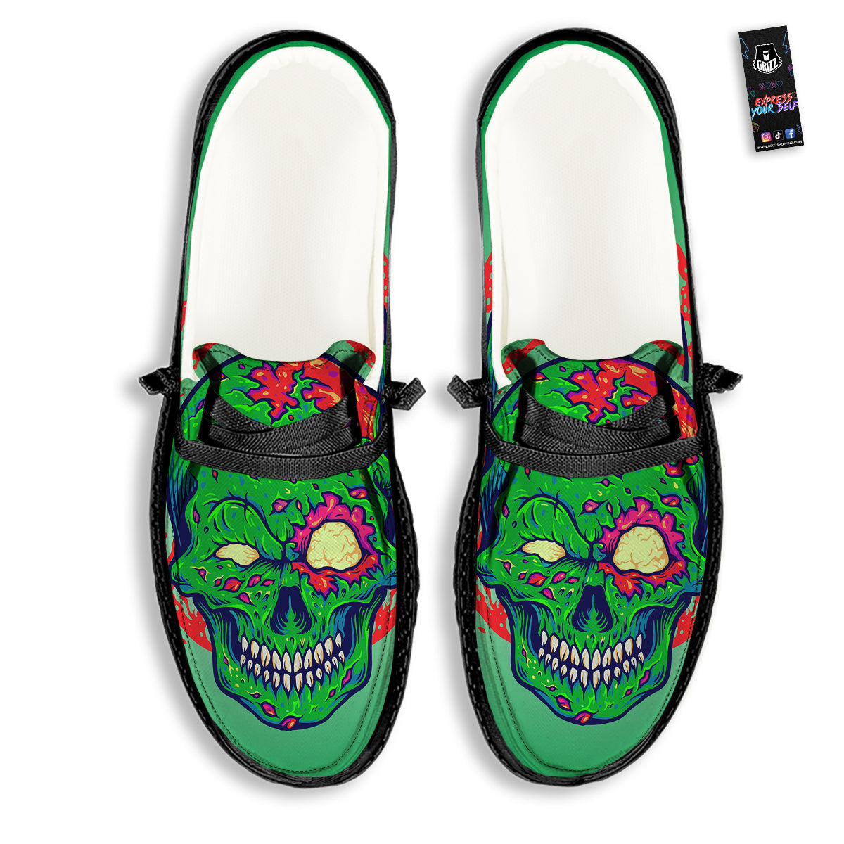 Zombie Halloween Skull Print Black Loafers-grizzshop