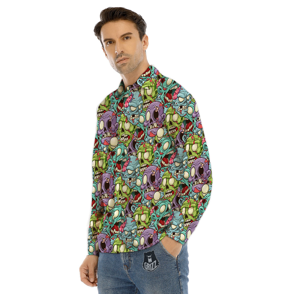 Zombie Halloween Skull Print Men's Dress Shirts-grizzshop