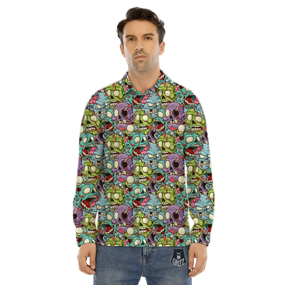 Zombie Halloween Skull Print Men's Dress Shirts-grizzshop