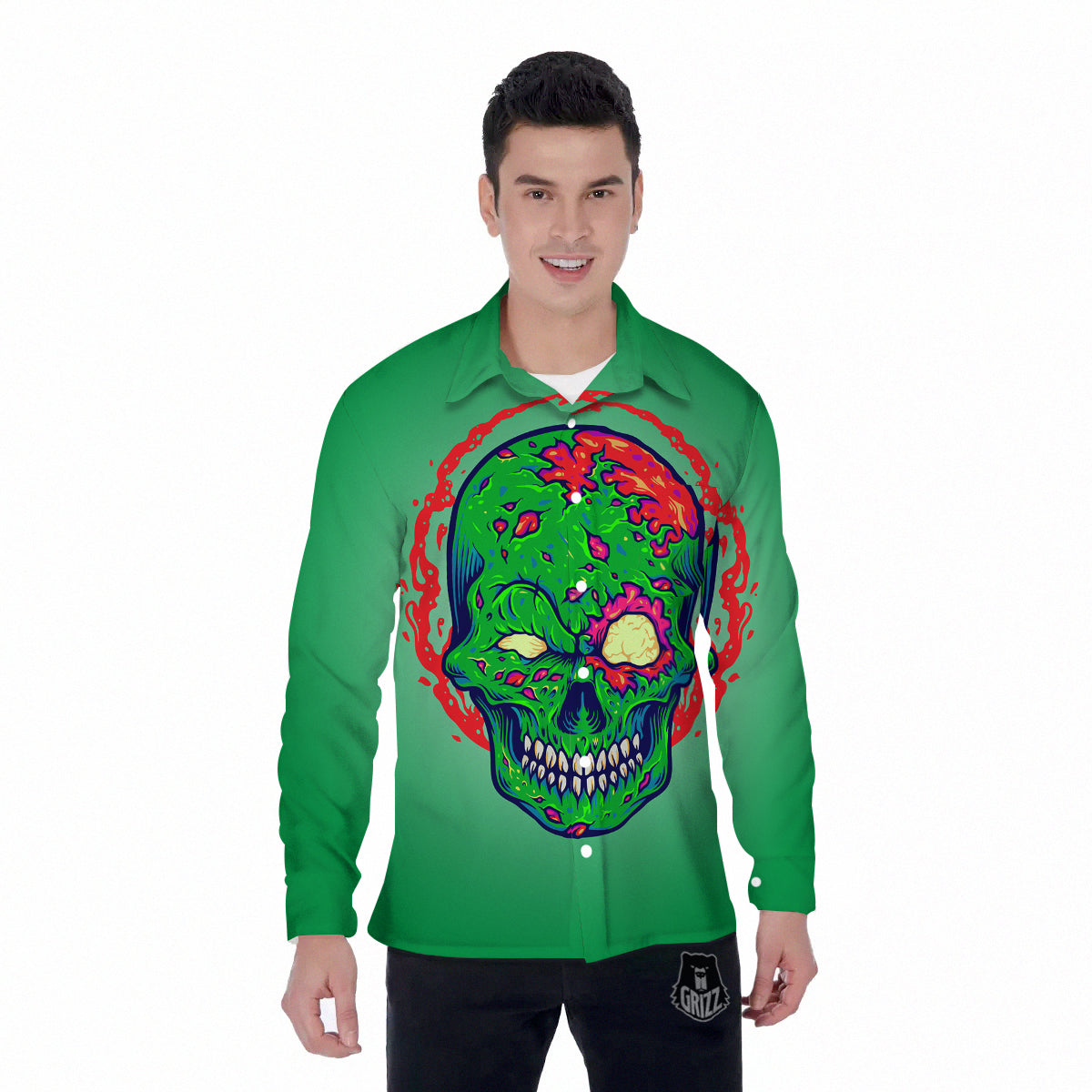 Zombie Halloween Skull Print Men's Long Sleeve Shirts-grizzshop