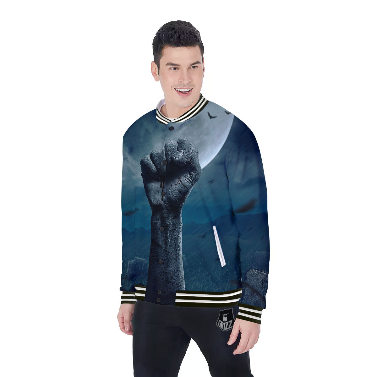 Zombie Hand Rising From Grave Print Baseball Jacket-grizzshop