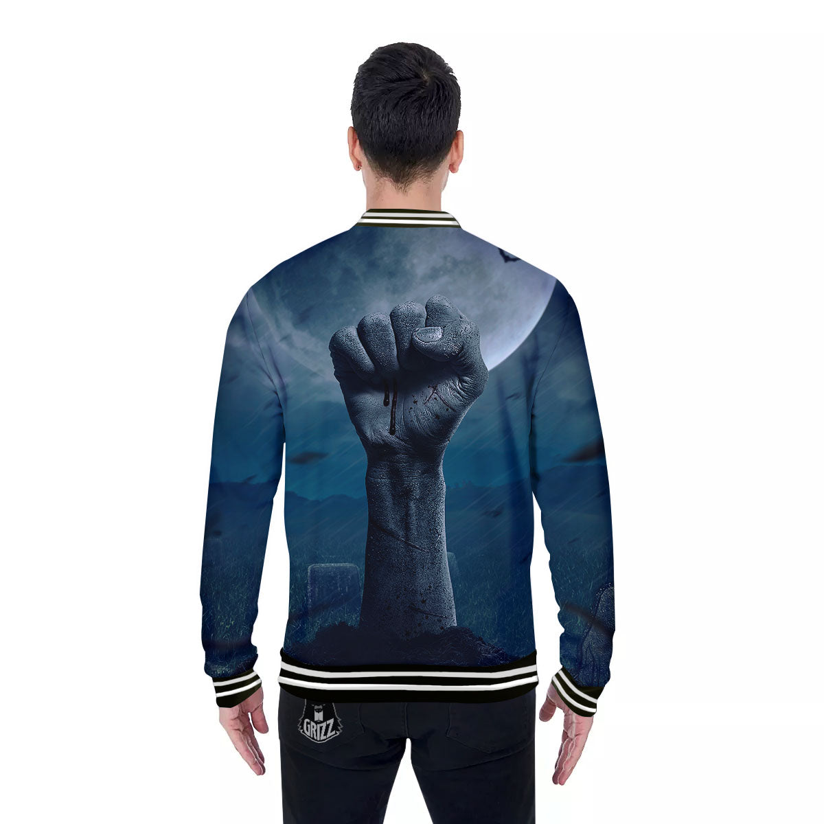Zombie Hand Rising From Grave Print Baseball Jacket-grizzshop