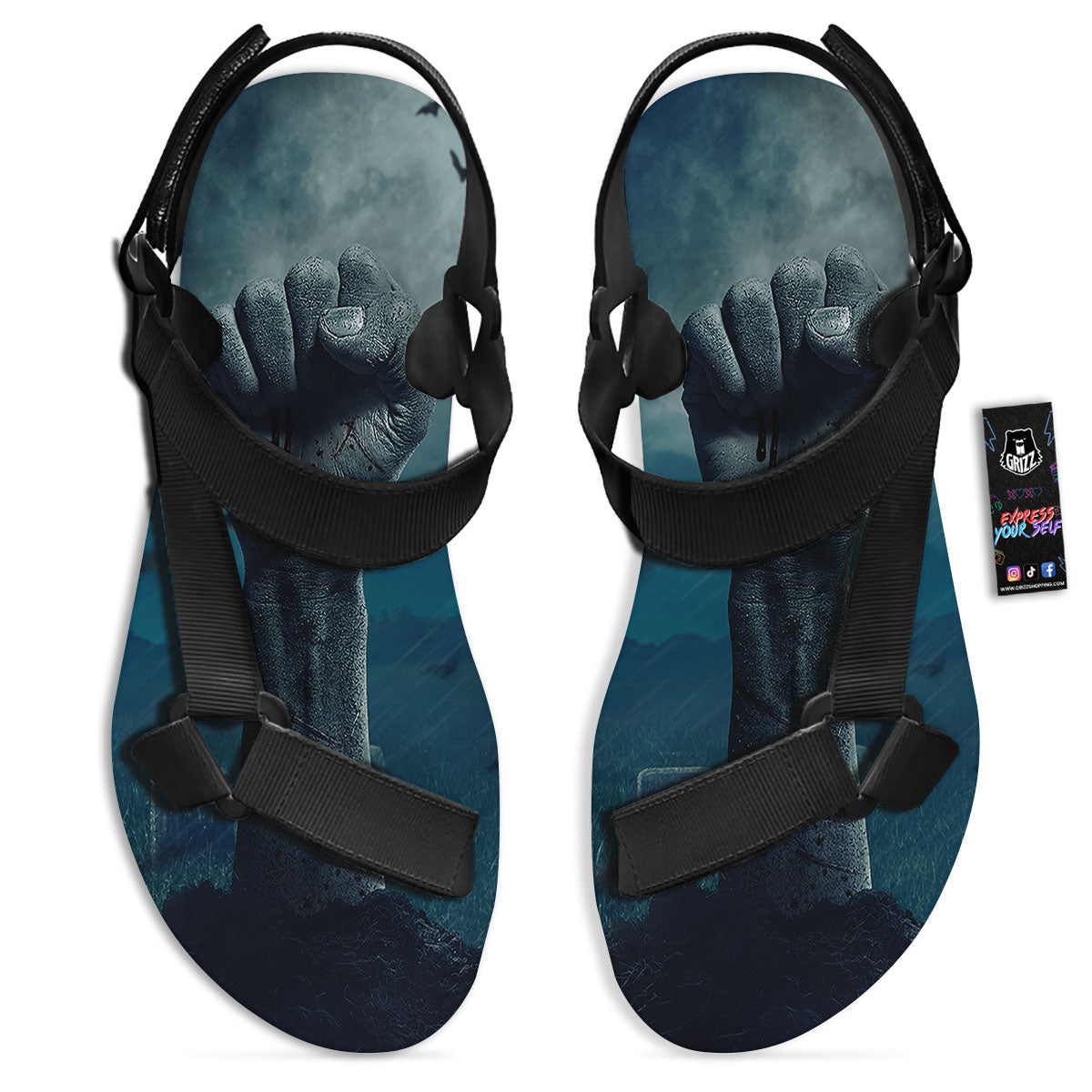 Zombie Hand Rising From Grave Print Black Open Toe Sandals-grizzshop