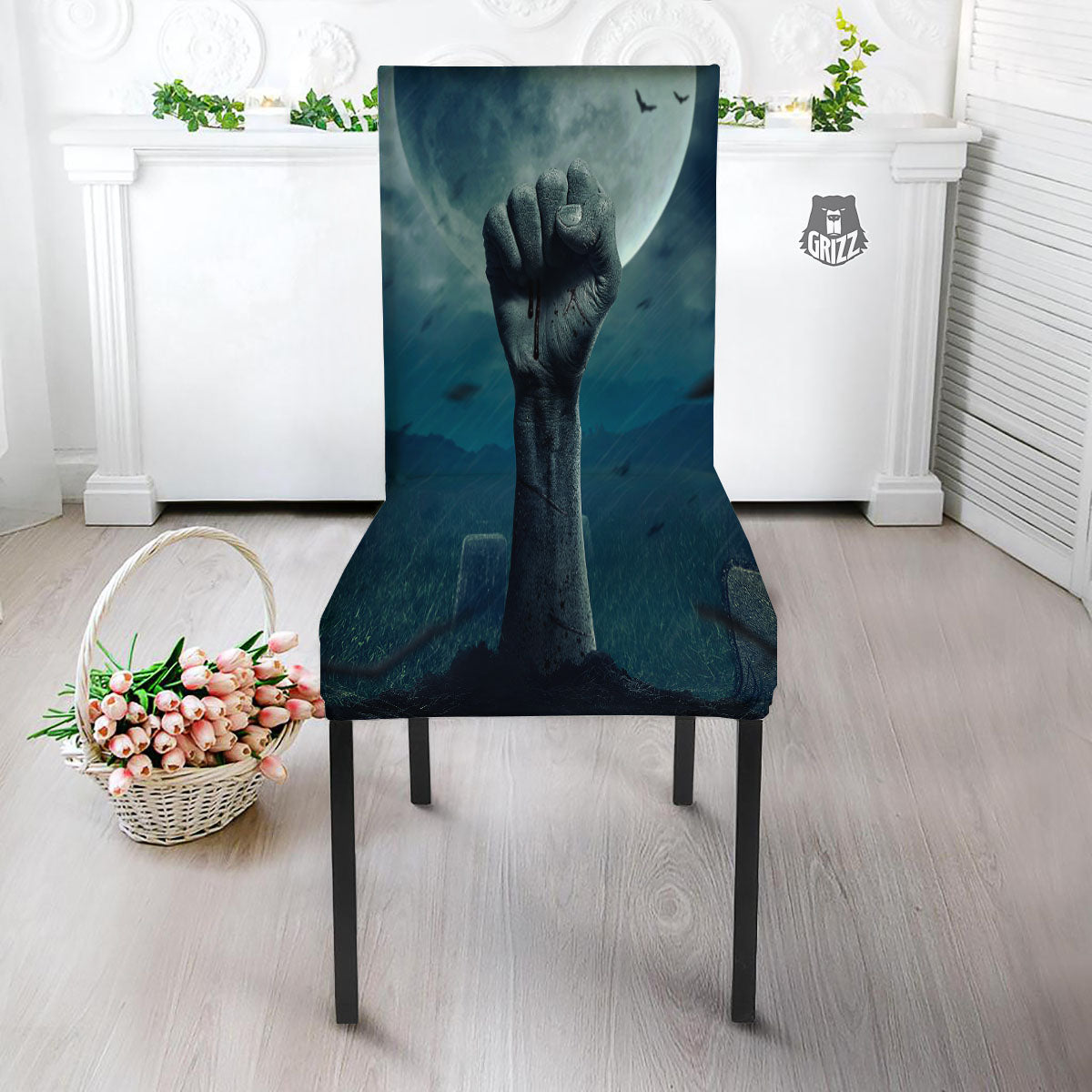 Zombie Hand Rising From Grave Print Dining Chair Slipcover-grizzshop