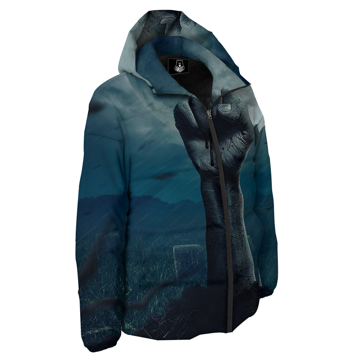 Zombie Hand Rising From Grave Print Down Jacket-grizzshop