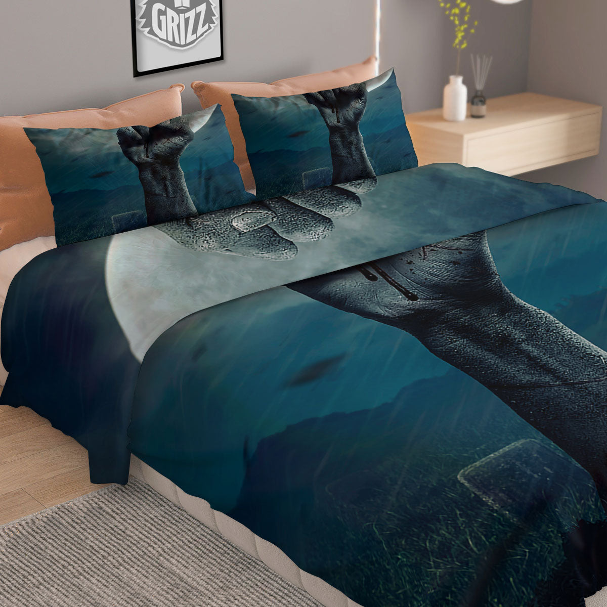 Zombie Hand Rising From Grave Print Duvet Cover Bedding Set