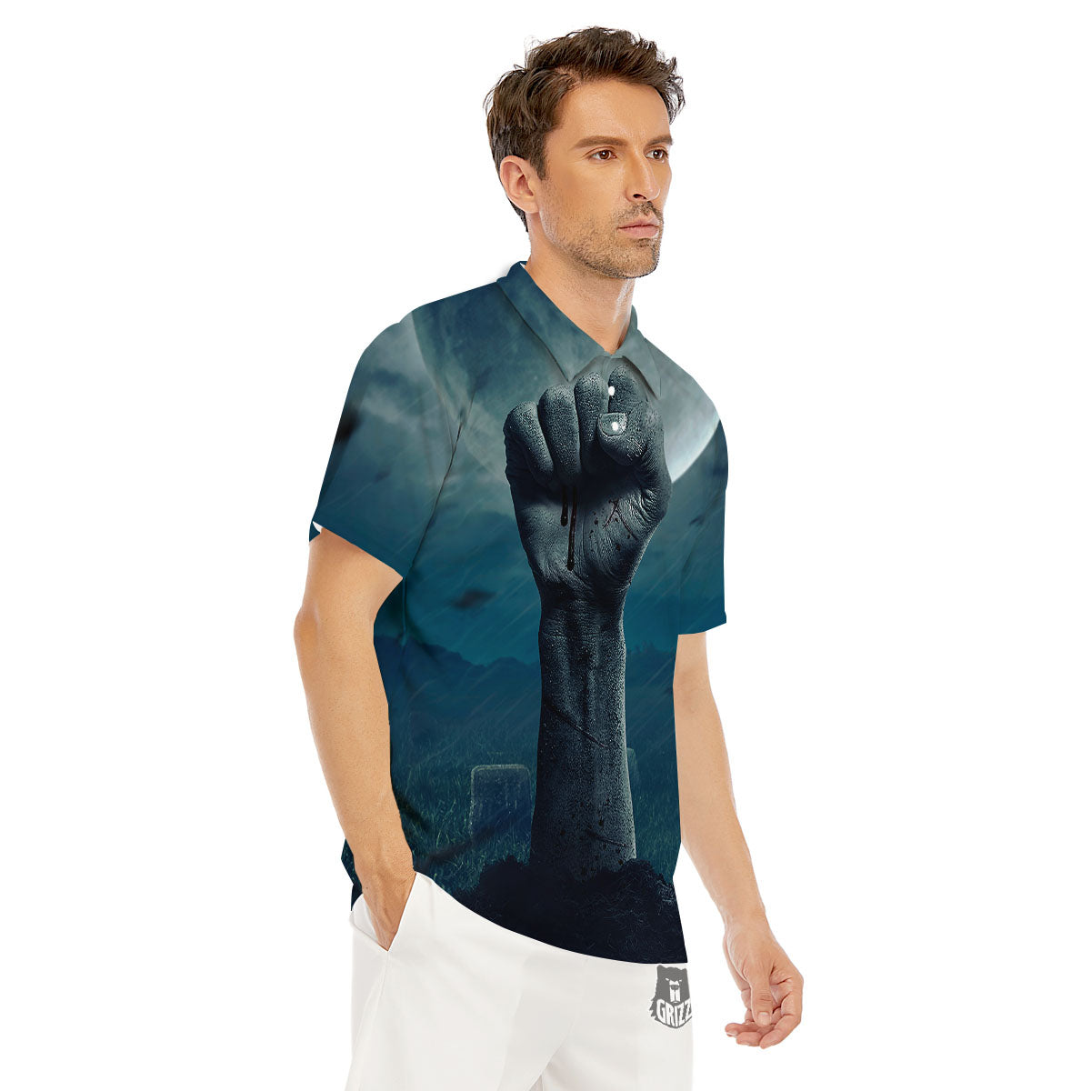 Zombie Hand Rising From Grave Print Men's Golf Shirts-grizzshop